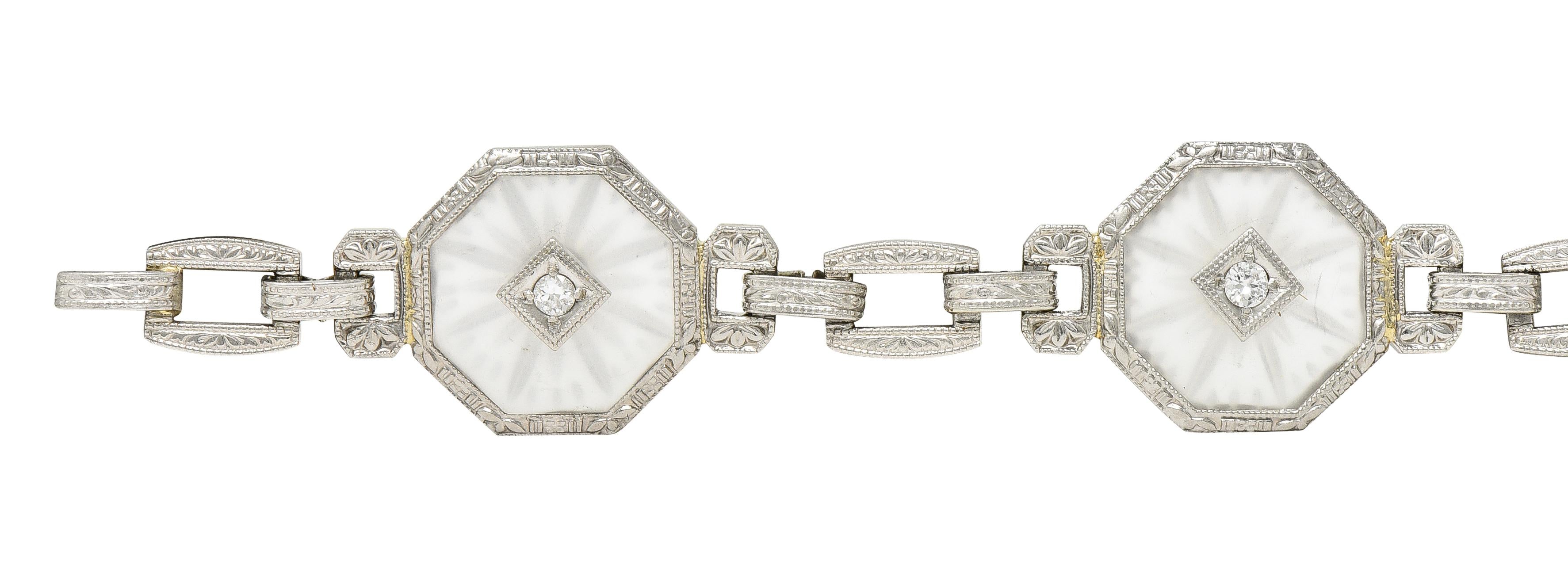 Taylor & Co. Art Deco Diamond Camphor Glass 18 Karat White Gold Link Bracelet