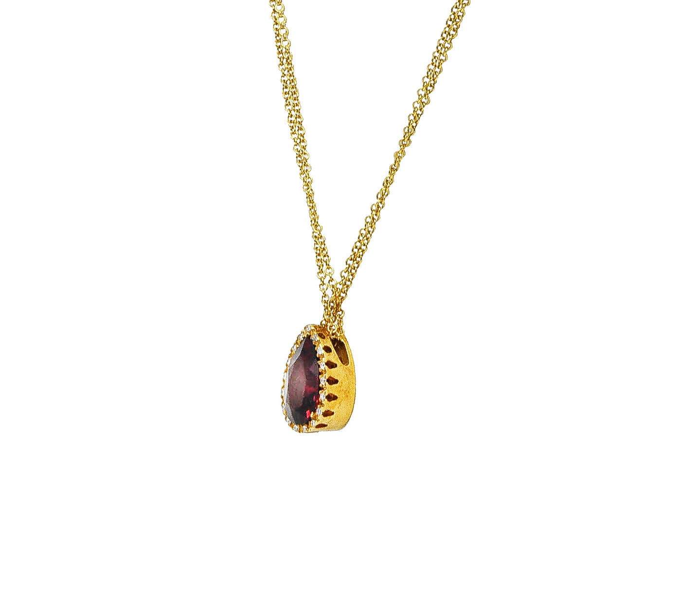 Contemporary 3.74 CTW Pear Cut Garnet Diamond 18 Karat Yellow Gold Teardrop Pendant Necklace Wilson's Estate Jewelry