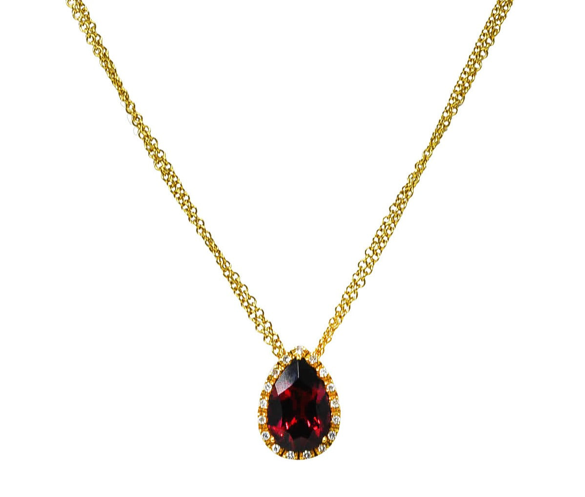 Contemporary 3.74 CTW Pear Cut Garnet Diamond 18 Karat Yellow Gold Teardrop Pendant Necklace Wilson's Estate Jewelry