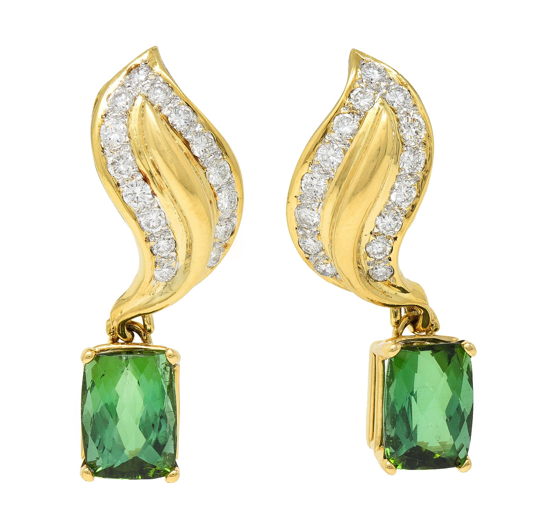 1980's 7.38 CTW Diamond Tourmaline 18 Karat Yellow Gold Leaf Drop Earrings