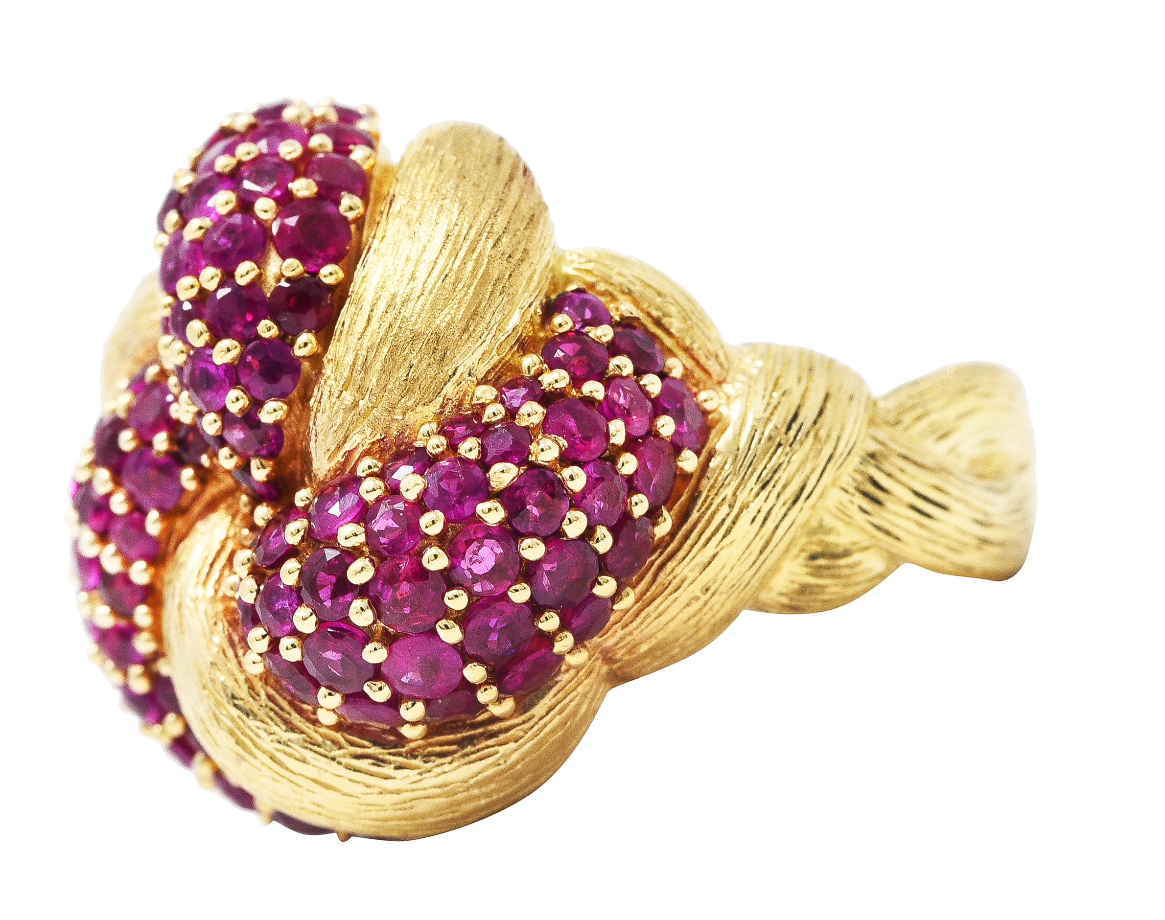 1960's Modern 5.00 CTW Pave Ruby 14 Karat Yellow Gold Twisted Knot RingRing - Wilson's Estate Jewelry