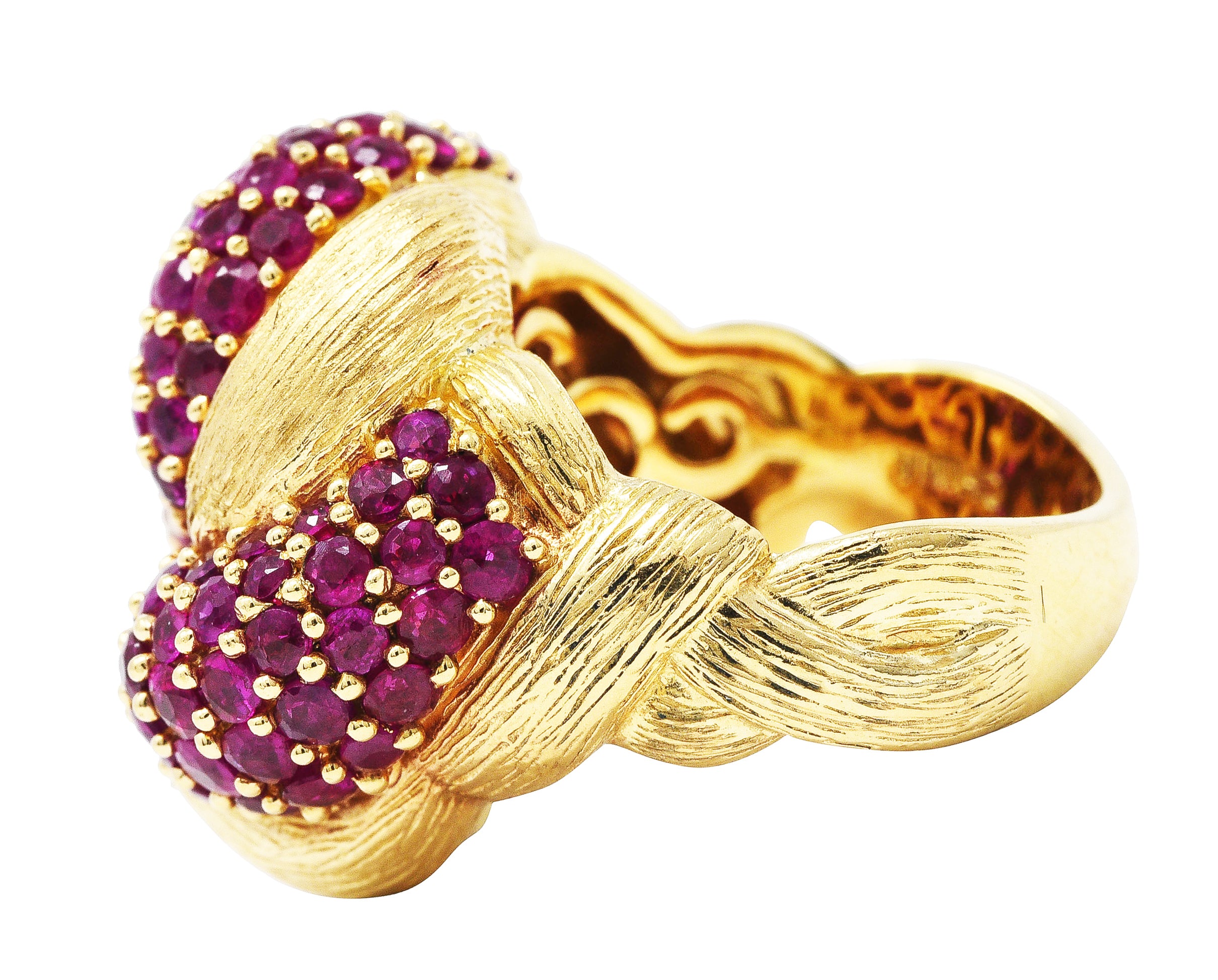 1960's Modern 5.00 CTW Pave Ruby 14 Karat Yellow Gold Twisted Knot RingRing - Wilson's Estate Jewelry