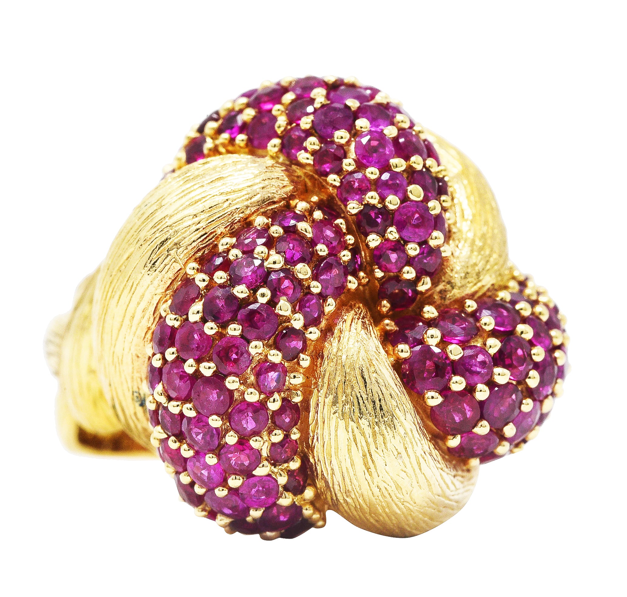 1960's Modern 5.00 CTW Pave Ruby 14 Karat Yellow Gold Twisted Knot RingRing - Wilson's Estate Jewelry