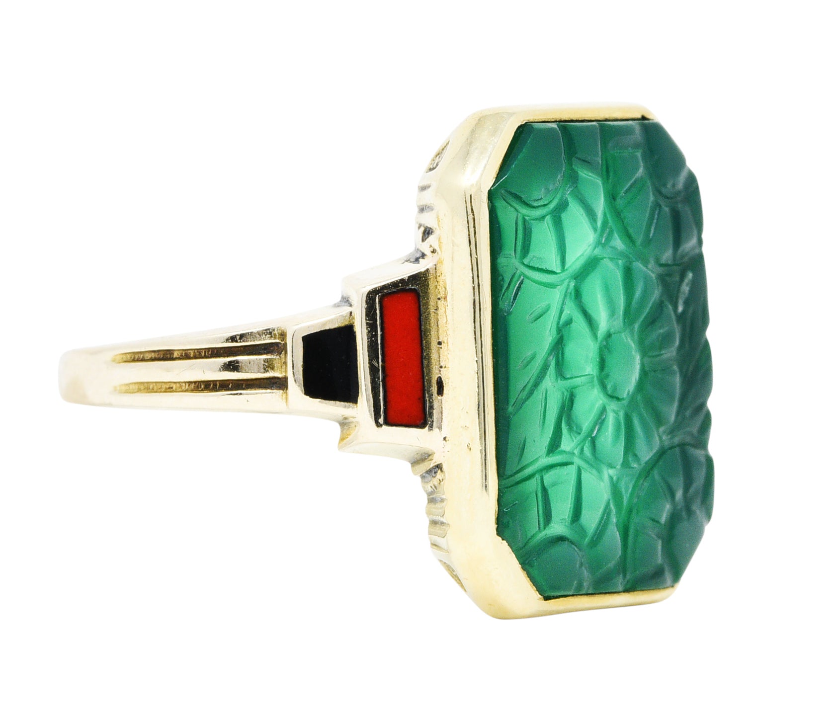 Allsopp Bros. Art Deco Chrysoprase Enamel 10 Karat Gold Carved Floral RingRing - Wilson's Estate Jewelry