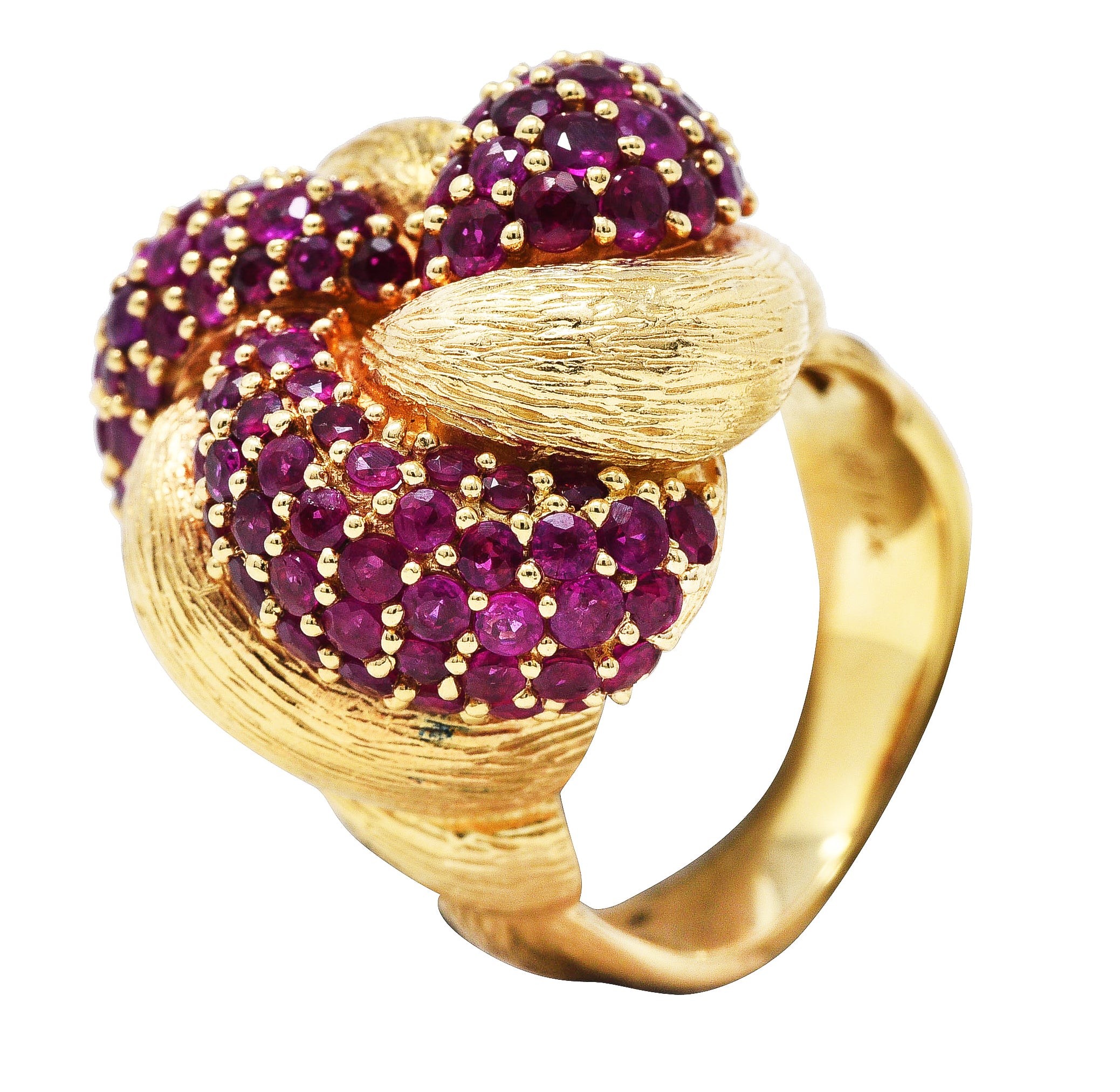 1960's Modern 5.00 CTW Pave Ruby 14 Karat Yellow Gold Twisted Knot RingRing - Wilson's Estate Jewelry