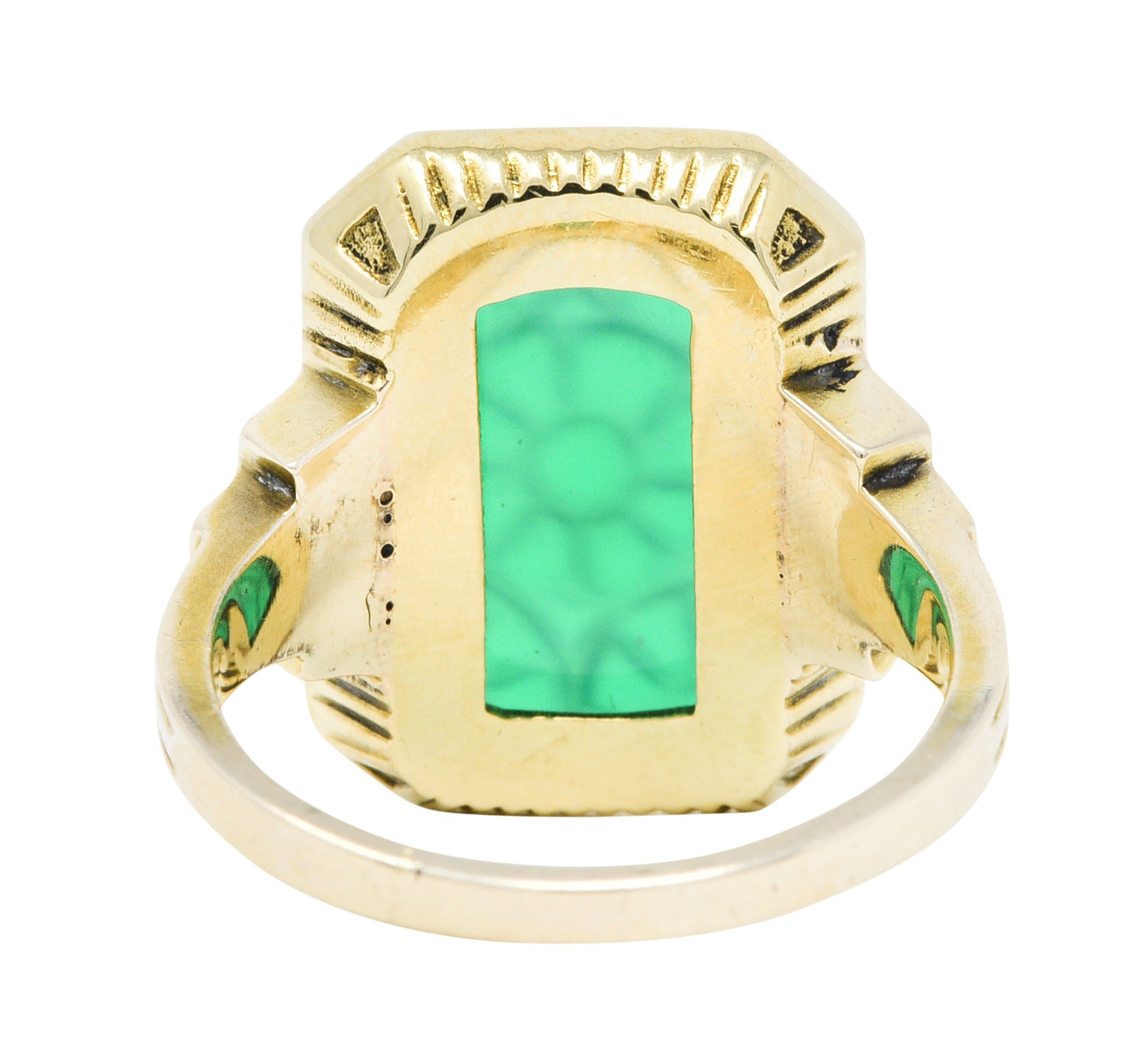 Allsopp Bros. Art Deco Chrysoprase Enamel 10 Karat Gold Carved Floral RingRing - Wilson's Estate Jewelry