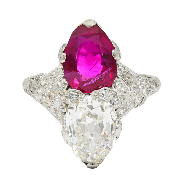 Art Deco Diamond No Heat Burma Ruby Platinum Toi-Et-Moi Antique Ring GIA AGL