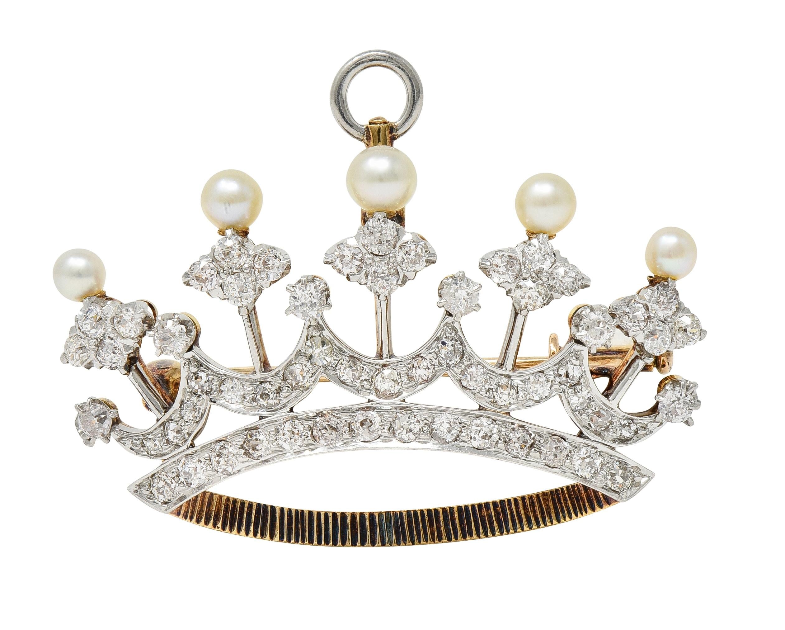 Edwardian 1.45 CTW Diamond Pearl Platinum 14 Karat Gold Crown Pendant Brooch