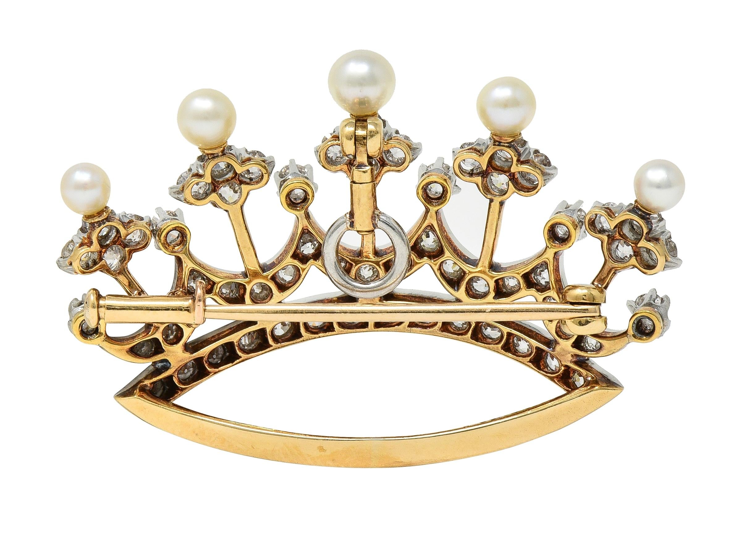 Edwardian 1.45 CTW Diamond Pearl Platinum 14 Karat Gold Crown Pendant Brooch