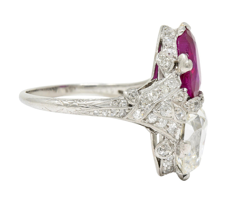 Art Deco Diamond No Heat Burma Ruby Platinum Toi-Et-Moi Antique Ring GIA AGL