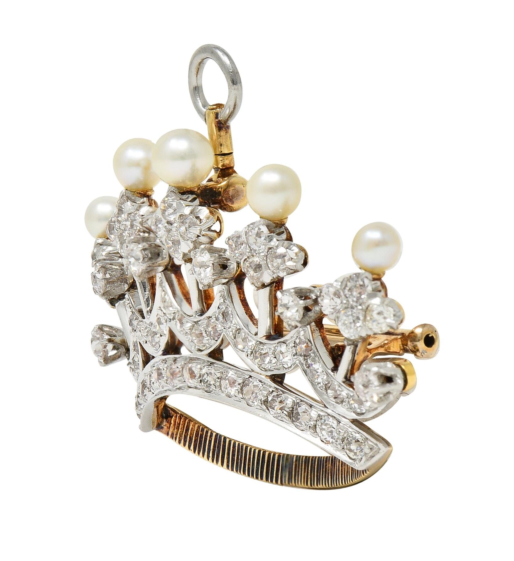 Edwardian 1.45 CTW Diamond Pearl Platinum 14 Karat Gold Crown Pendant Brooch