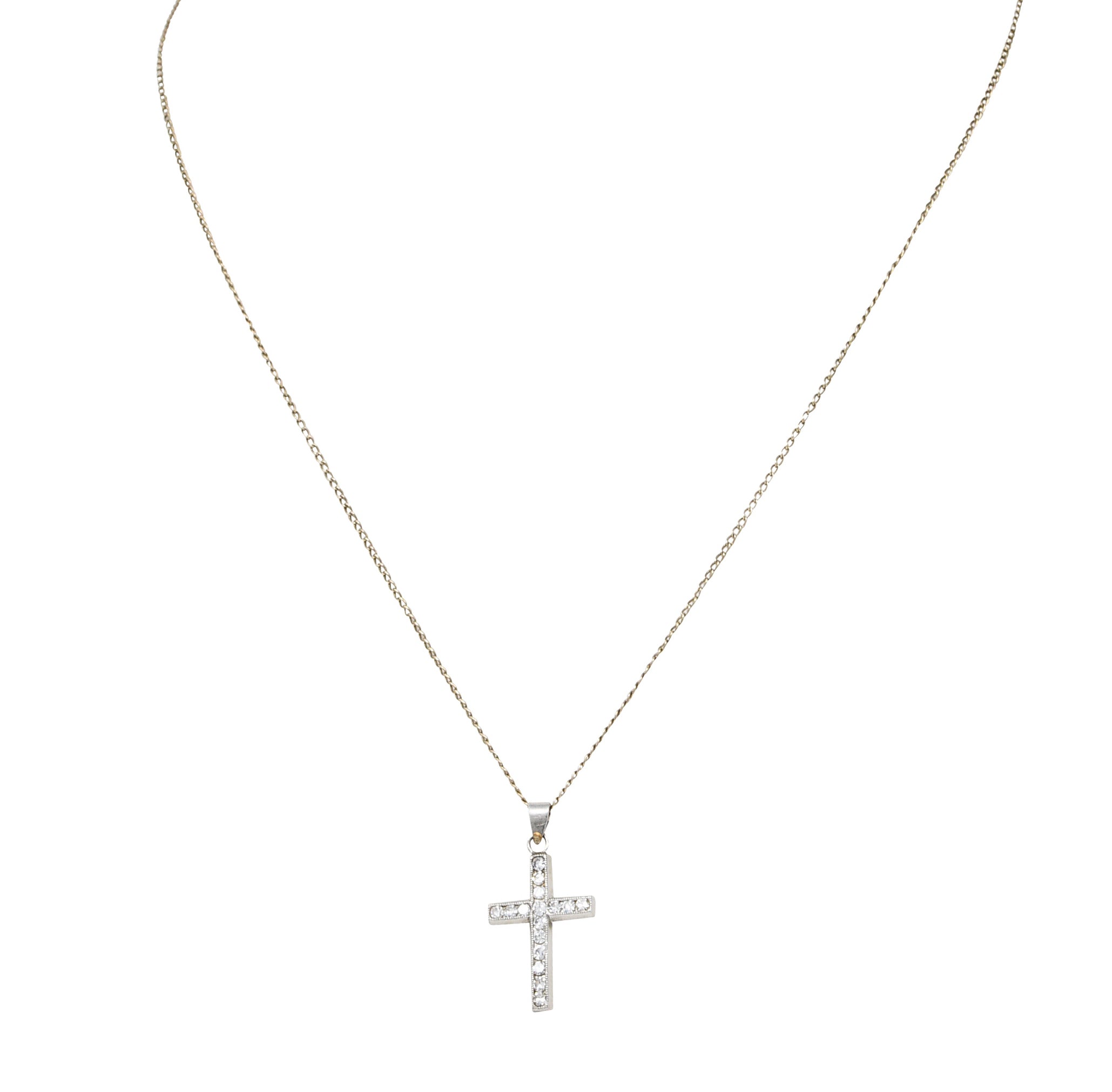 Edwardian Diamond Platinum Cross Pendant 14 Karat White Gold NecklaceNecklace - Wilson's Estate Jewelry