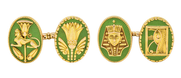 Marcus & Co. Art Deco Egyptian Revival Enamel 14 Karat Gold Antique Cufflinks