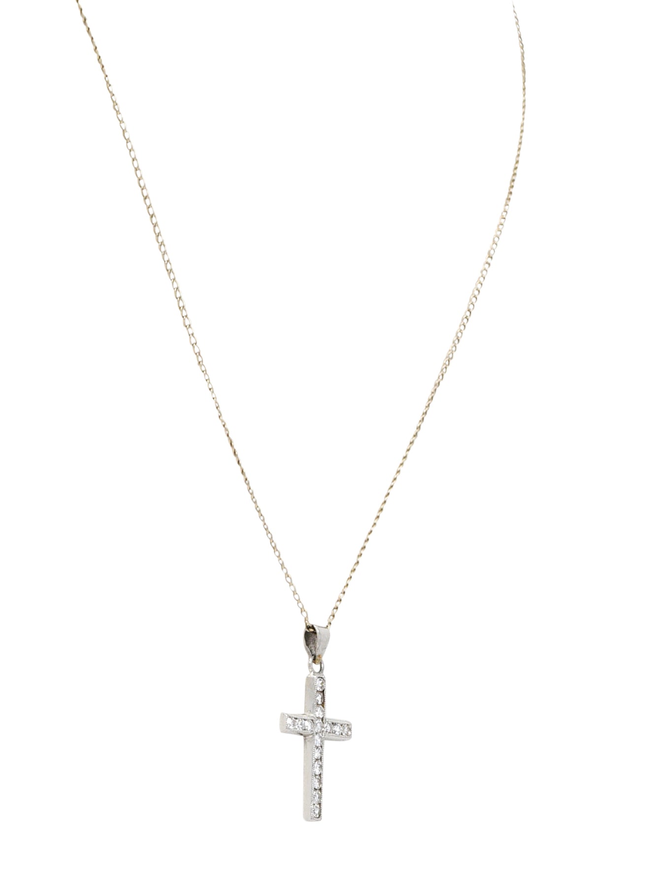 Edwardian Diamond Platinum Cross Pendant 14 Karat White Gold NecklaceNecklace - Wilson's Estate Jewelry