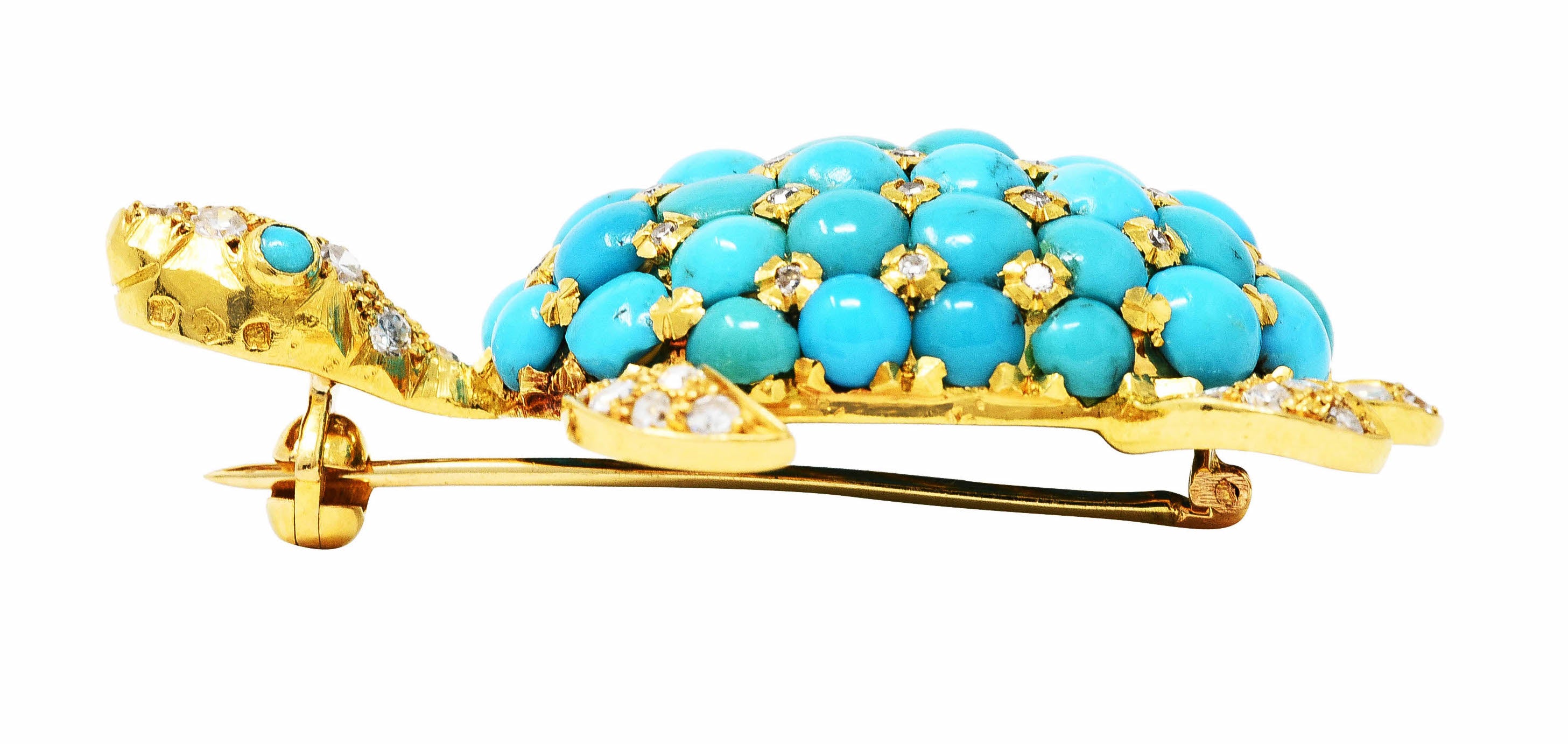 1960's Portuguese Diamond Turquoise 18 Karat Yellow Gold Vintage Turtle Brooch Wilson's Estate Jewelry