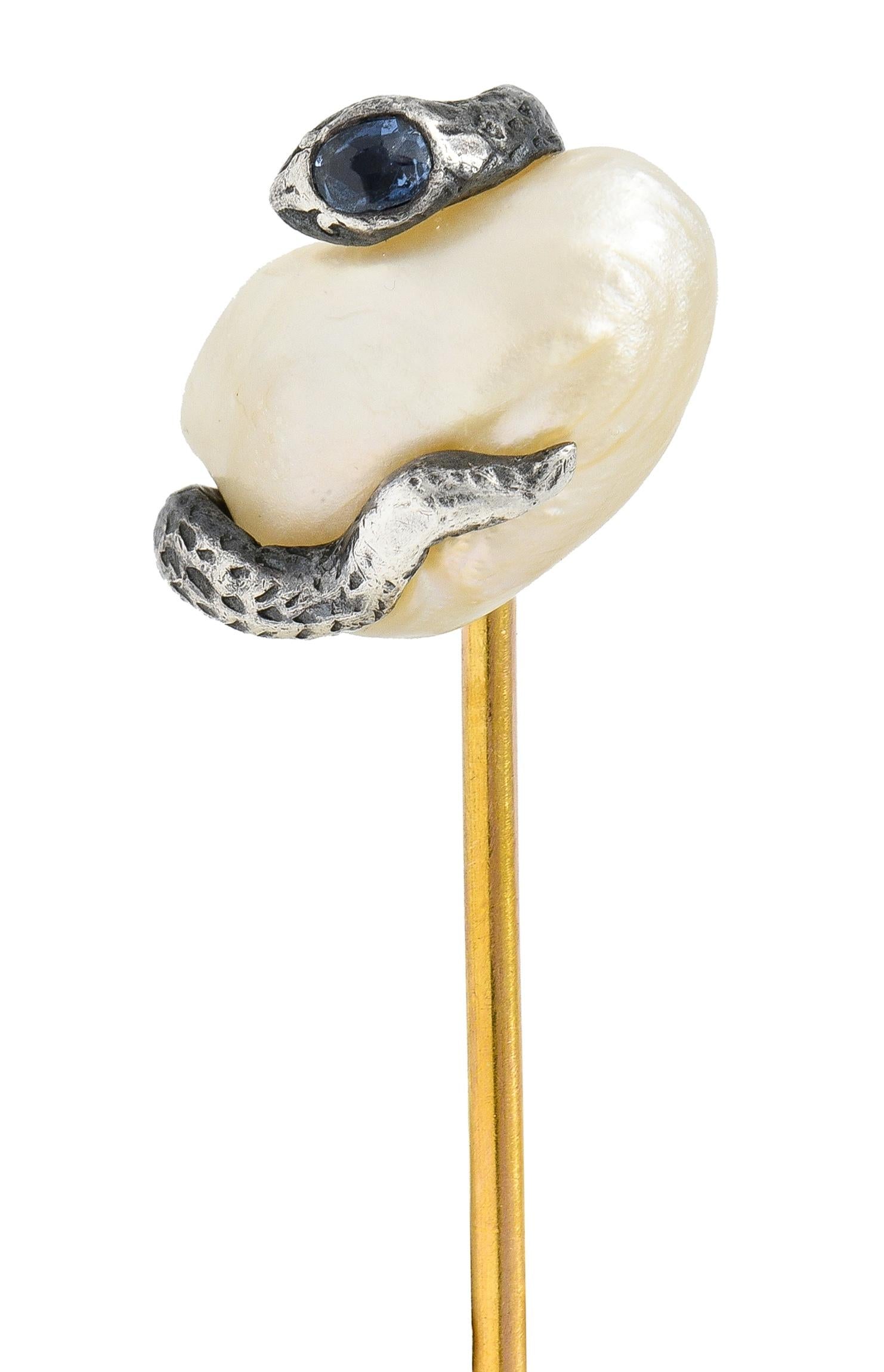 Victorian Sapphire Pearl Silver 14 Karat Yellow Gold Antique Snake Stickpin