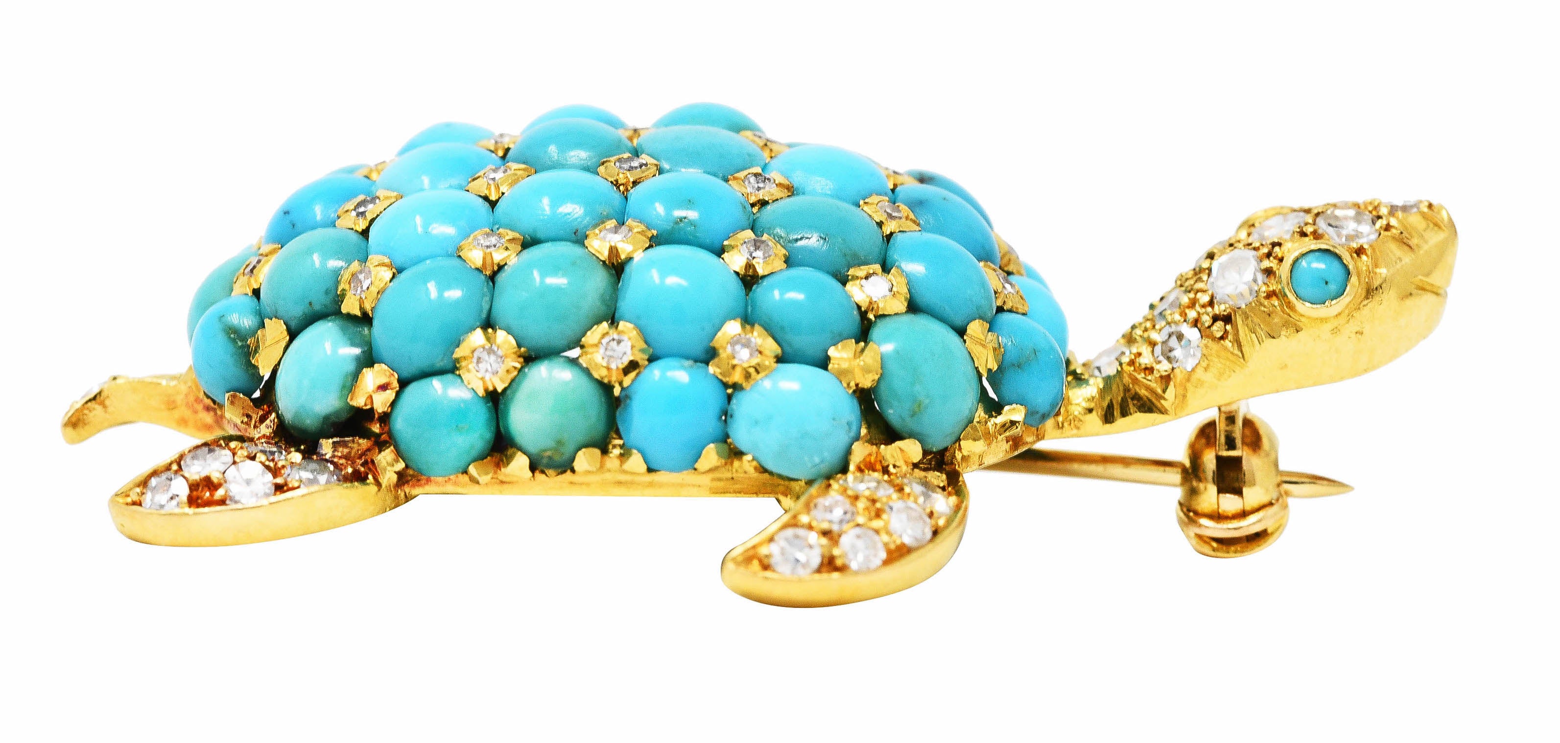 1960's Portuguese Diamond Turquoise 18 Karat Yellow Gold Vintage Turtle Brooch Wilson's Estate Jewelry