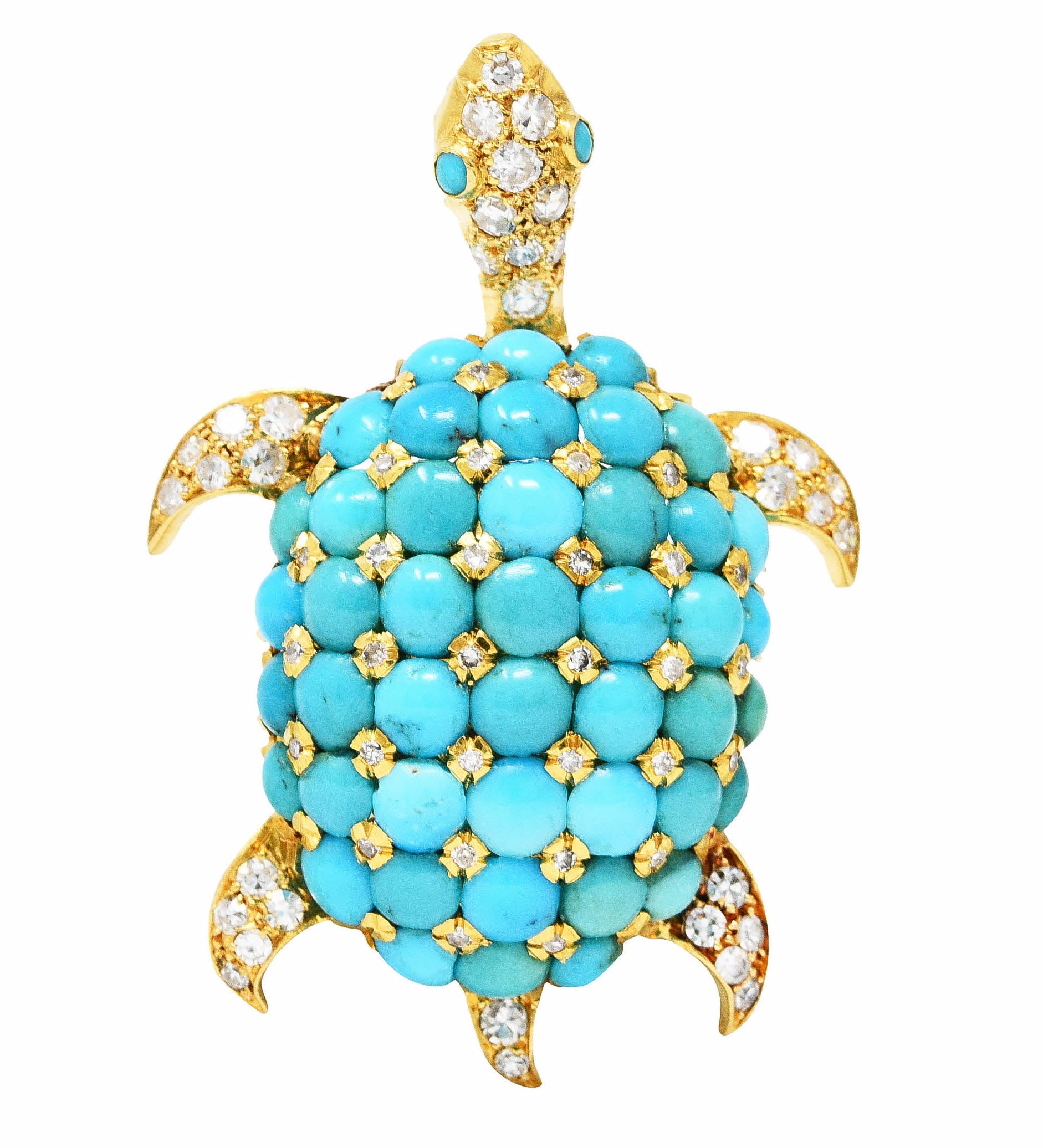 1960's Portuguese Diamond Turquoise 18 Karat Yellow Gold Vintage Turtle Brooch Wilson's Estate Jewelry