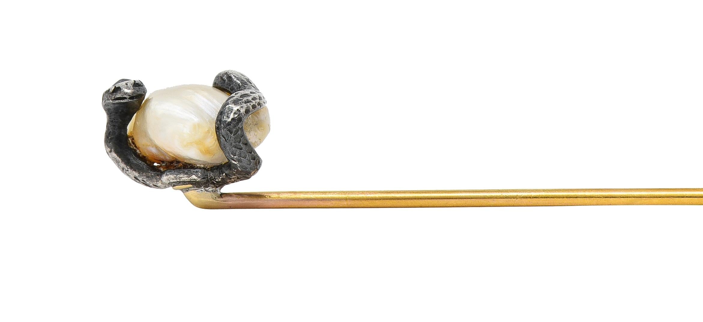 Victorian Sapphire Pearl Silver 14 Karat Yellow Gold Antique Snake Stickpin