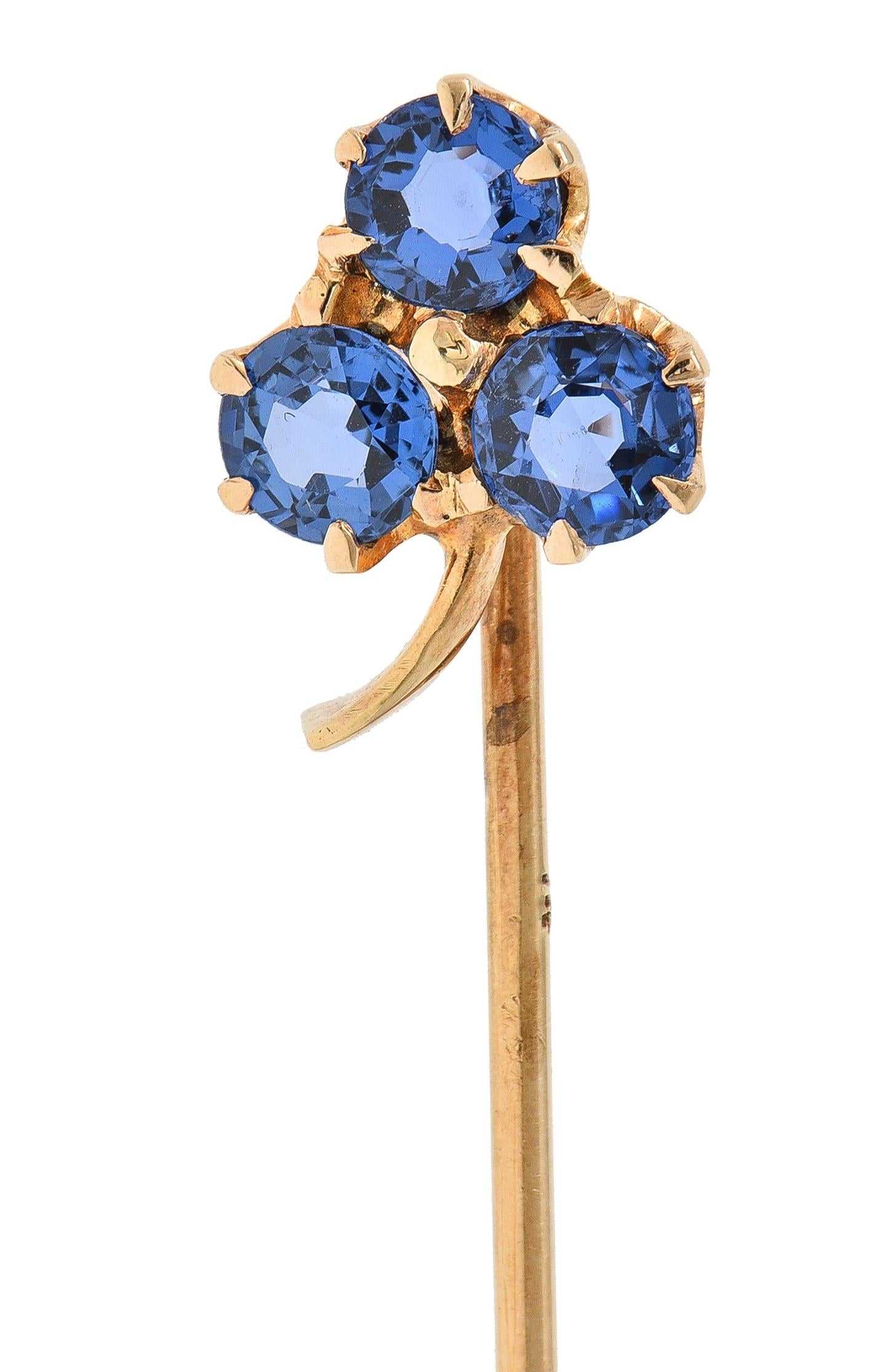 Victorian 1.05 CTW Sapphire 14 Karat Yellow Gold Clover Antique Stickpin