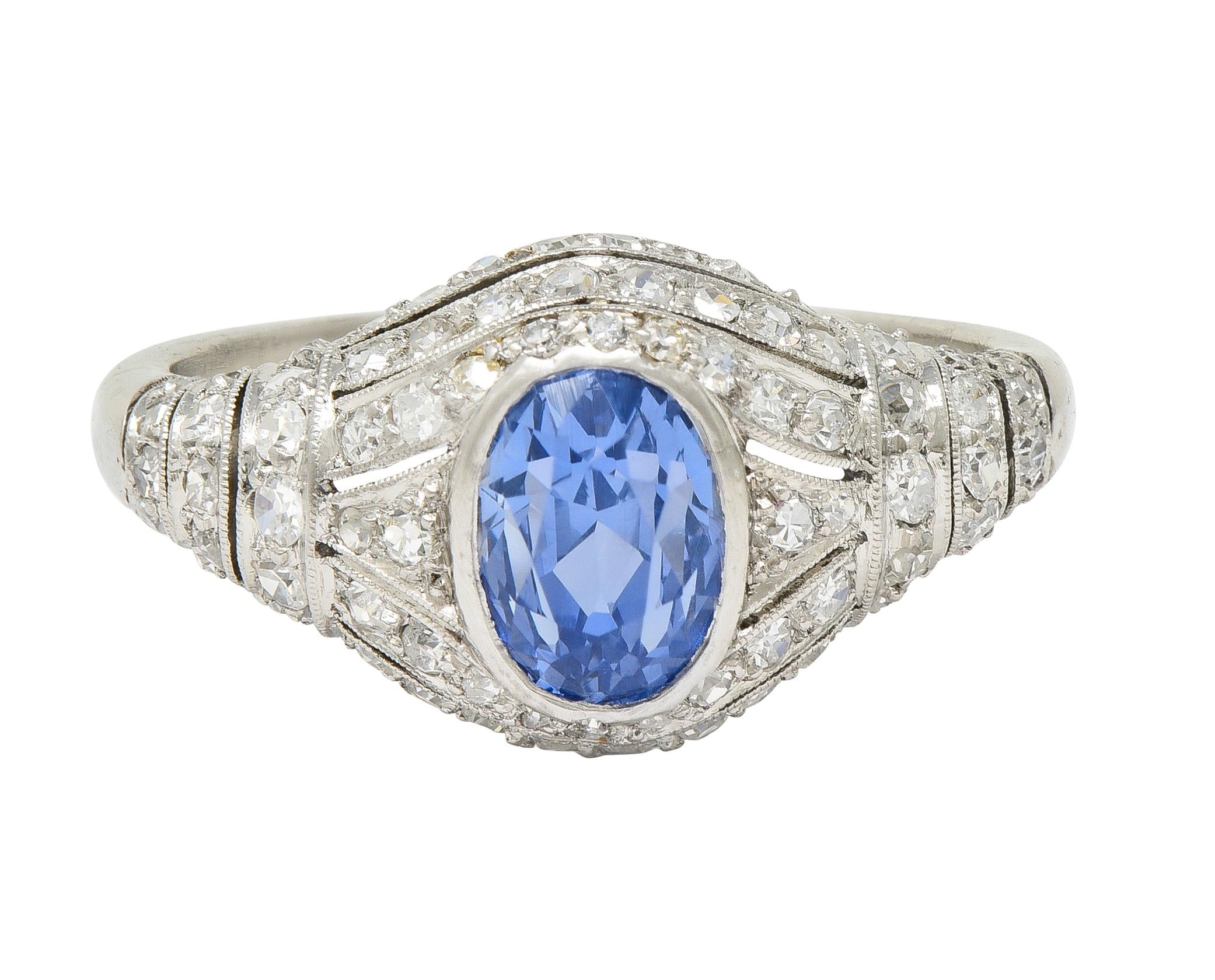 Art Deco 3.00 CTW No Heat Ceylon Sapphire Diamond Platinum Bombé Ring GIA