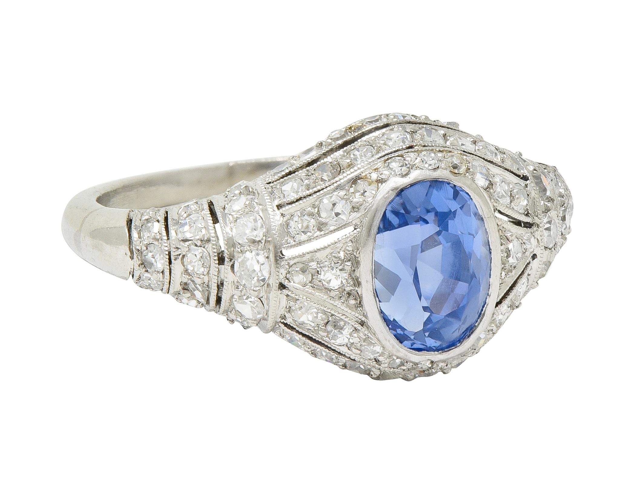 Art Deco 3.00 CTW No Heat Ceylon Sapphire Diamond Platinum Bombé Ring GIA