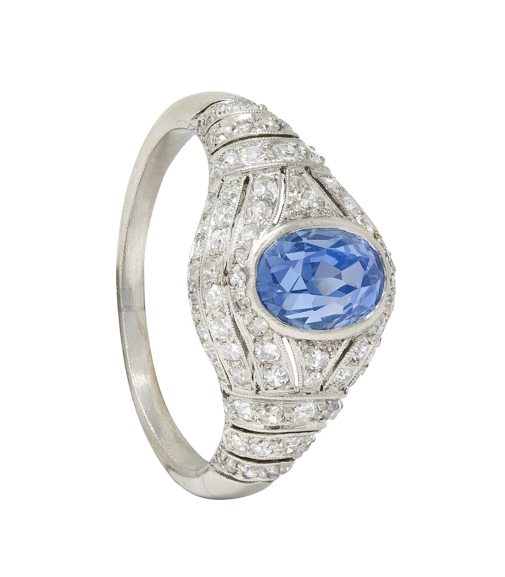 Art Deco 3.00 CTW No Heat Ceylon Sapphire Diamond Platinum Bombé Ring GIA