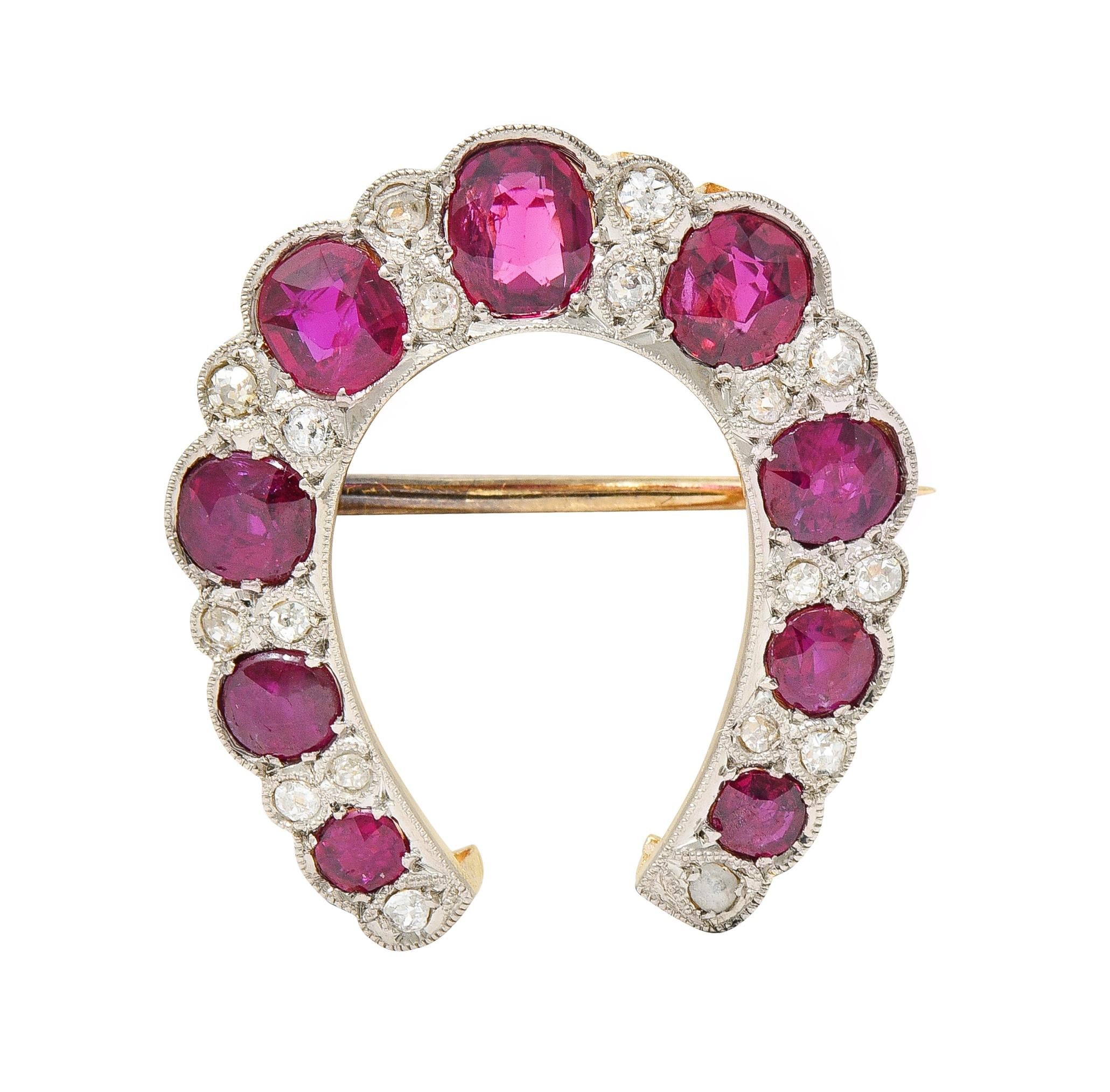 Edwardian 2.66 CTW Ruby Diamond Platinum 18 Karat Gold Horseshoe Pendant Brooch