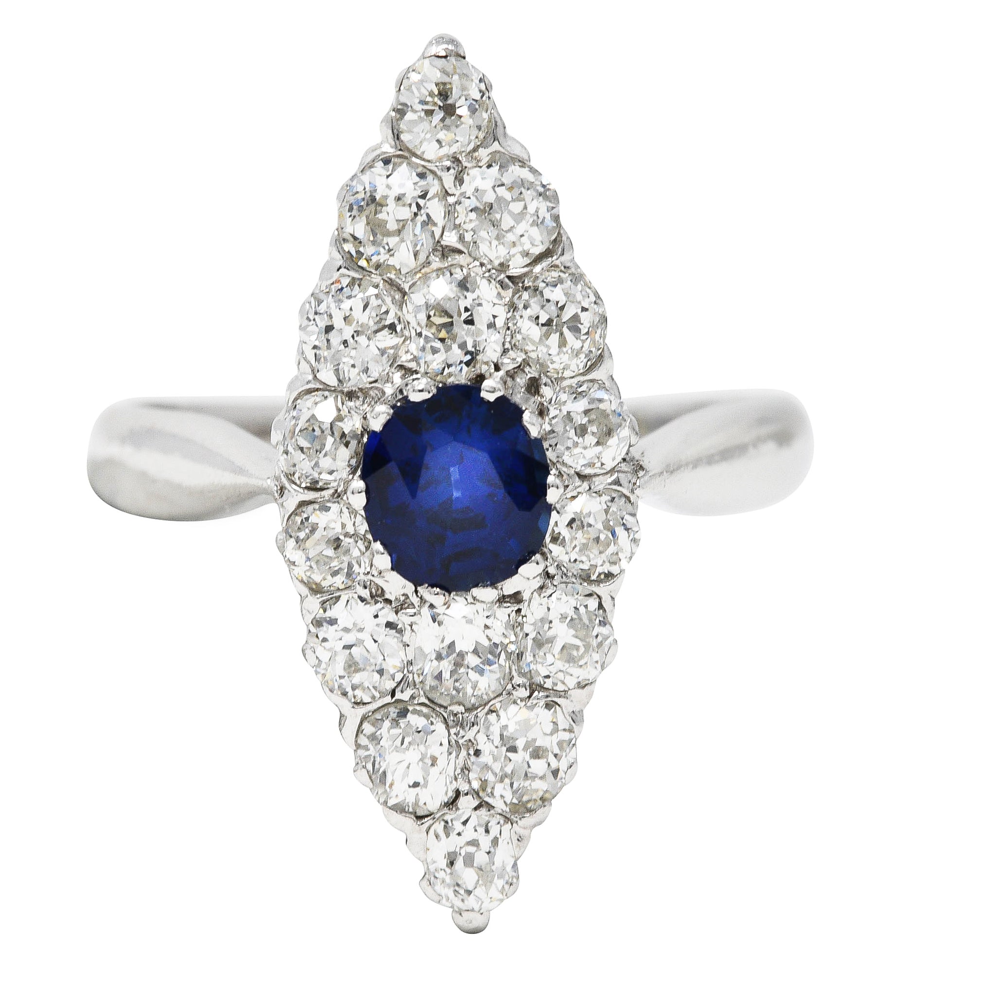 Edwardian 1.56 CTW Cushion Cut Sapphire Old Mine Cut Diamond 14 Karat White Gold Antique Navette Dinner Ring Wilson's Estate Jewelry