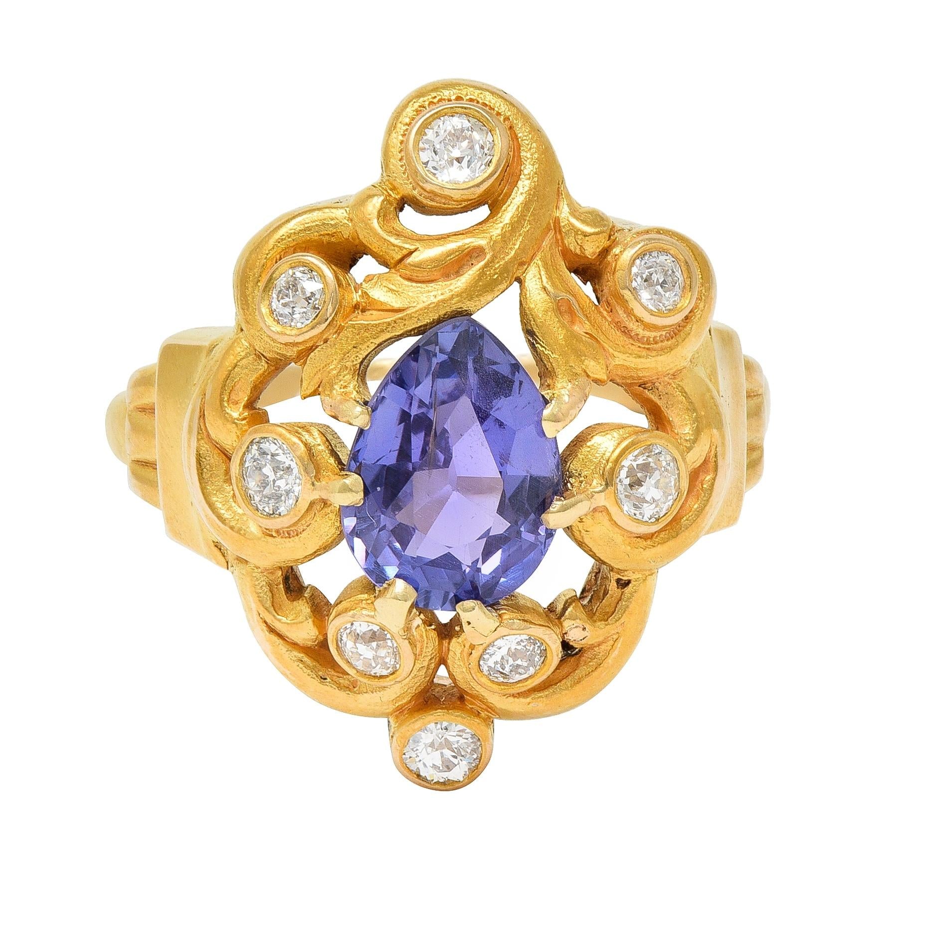 Art Nouveau No Heat Ceylon Purple Sapphire Diamond 14 Karat Gold Antique Ring