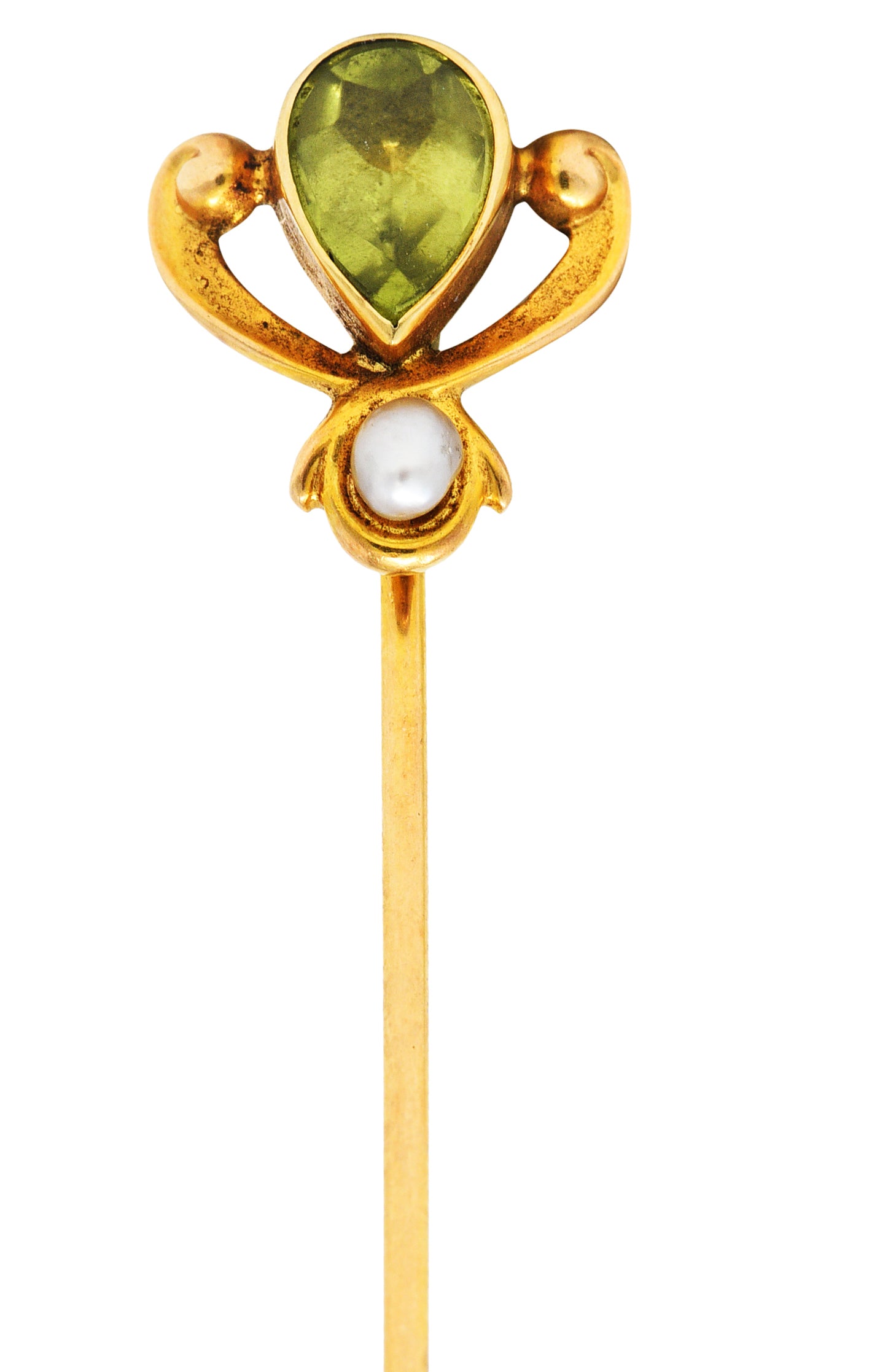 Moore & Son Art Nouveau Peridot Pearl 14 Karat Yellow Gold StickpinStick Pin - Wilson's Estate Jewelry