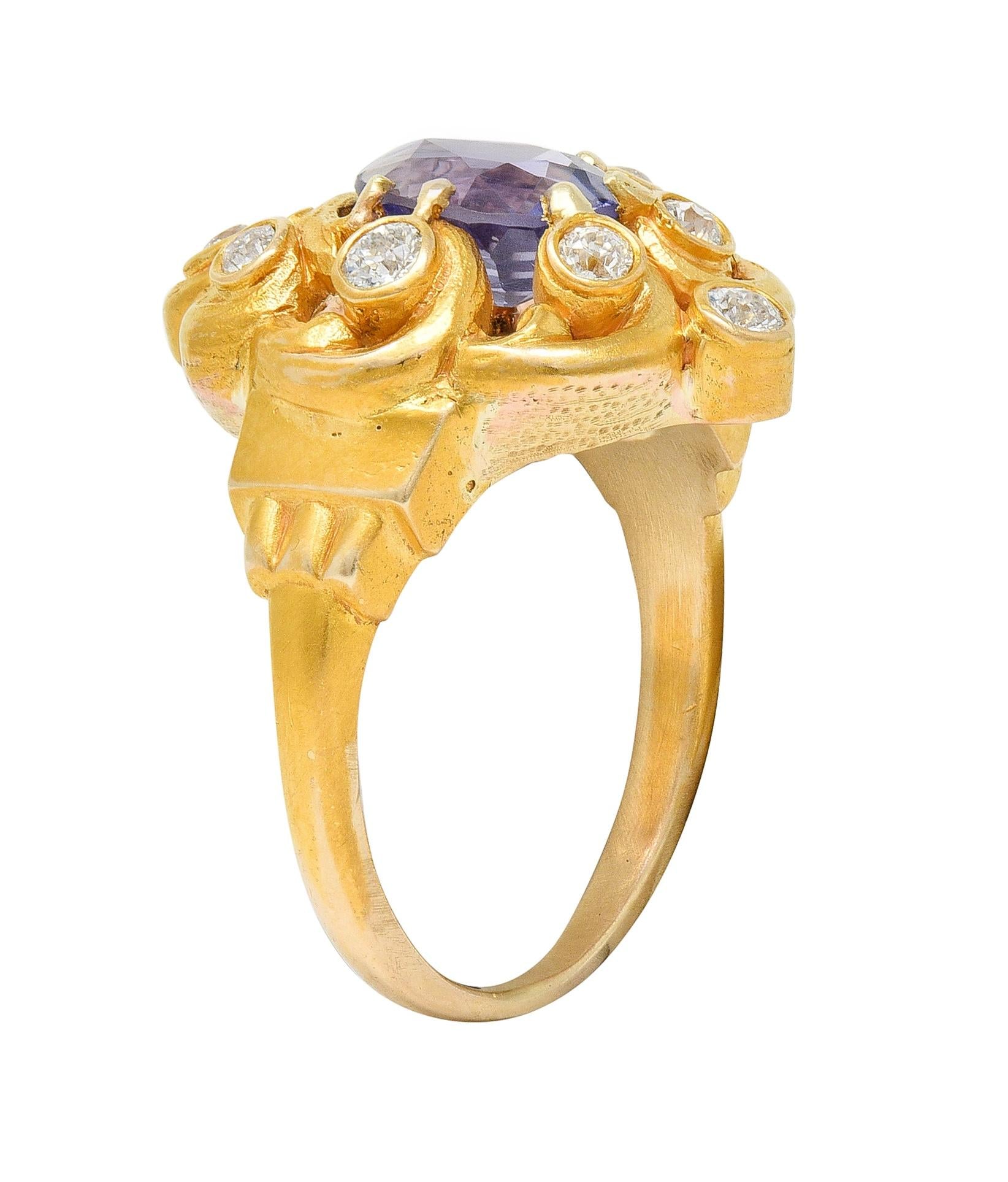 Art Nouveau No Heat Ceylon Purple Sapphire Diamond 14 Karat Gold Antique Ring