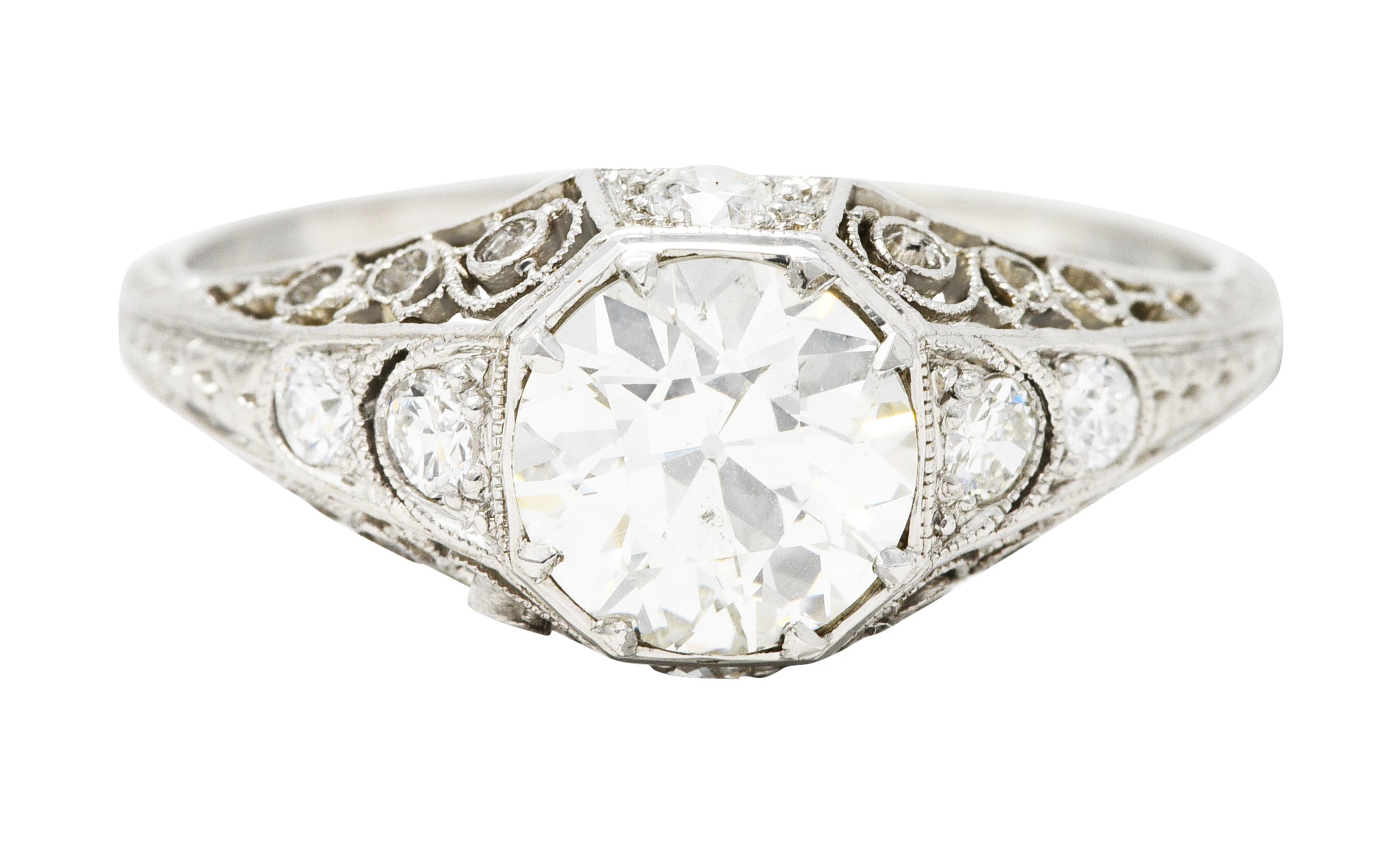 Early Art Deco 1.92 CTW Diamond Platinum Scrolled Filigree Engagement Ring Wilson's Estate Jewelry