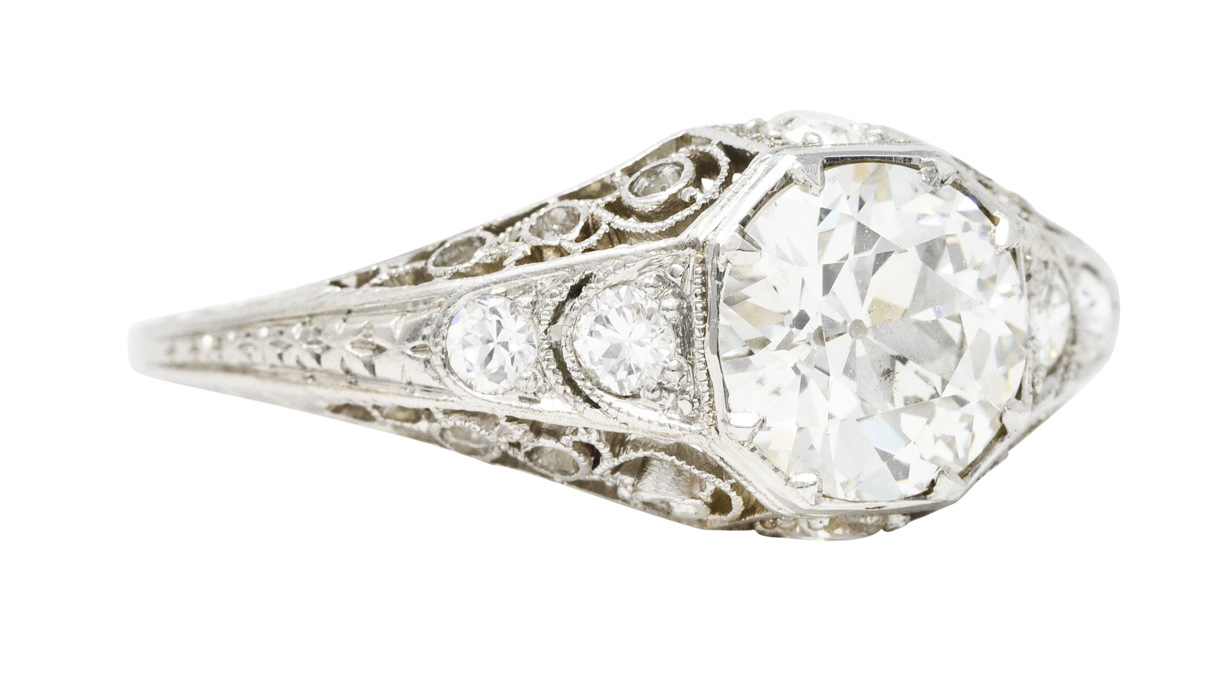 Early Art Deco 1.92 CTW Diamond Platinum Scrolled Filigree Engagement Ring Wilson's Estate Jewelry