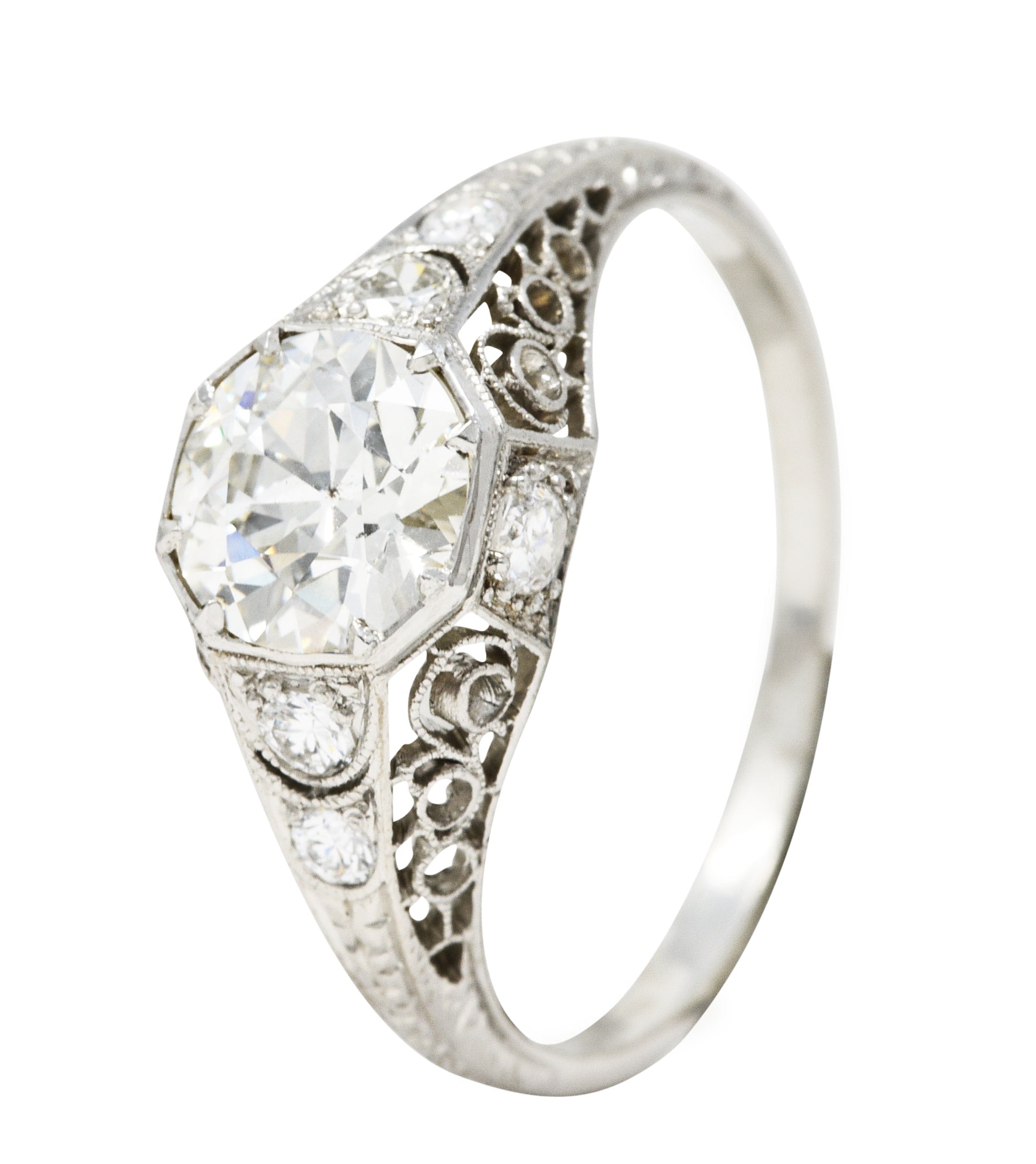 Early Art Deco 1.92 CTW Diamond Platinum Scrolled Filigree Engagement Ring Wilson's Estate Jewelry