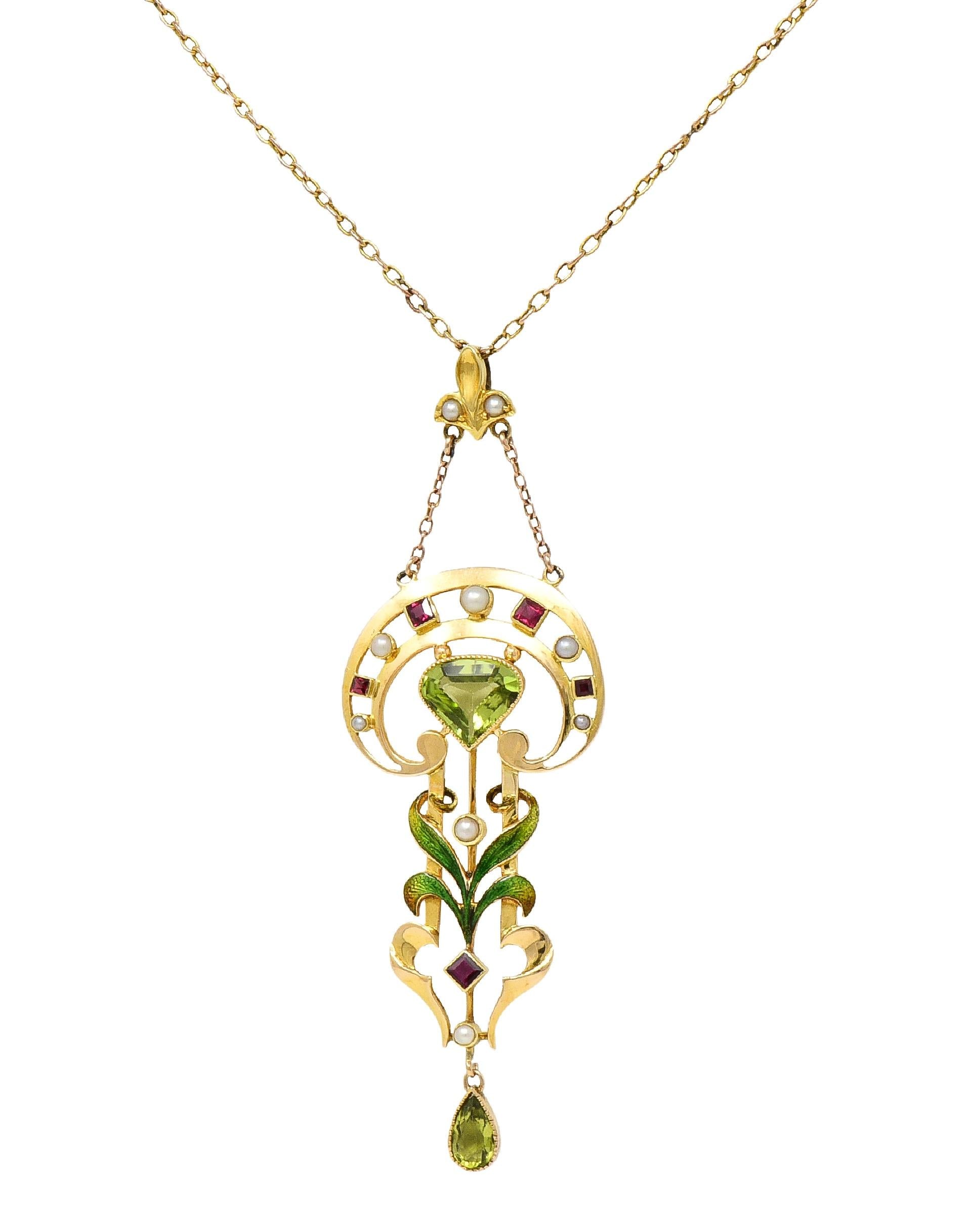 Art Nouveau Peridot Pearl Ruby 15 Karat Yellow Gold Antique Pendant Necklace