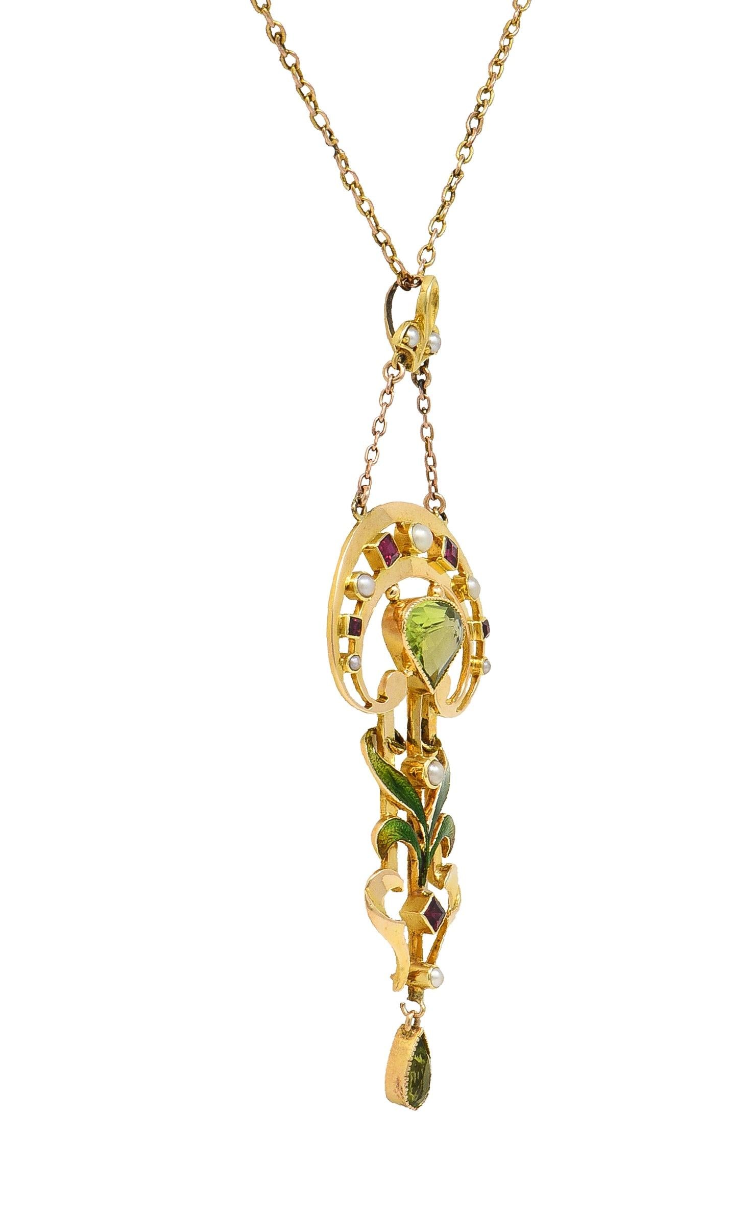 Art Nouveau Peridot Pearl Ruby 15 Karat Yellow Gold Antique Pendant Necklace