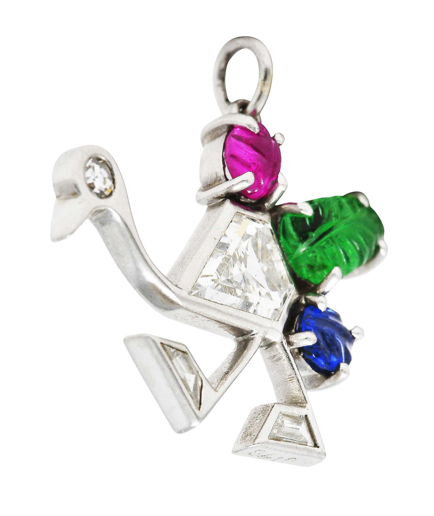 Art Deco 1.22 CTW Diamond Mughal Carved Sapphire Emerald Ruby Platinum Peacock Charm Wilson's Estate Jewelry