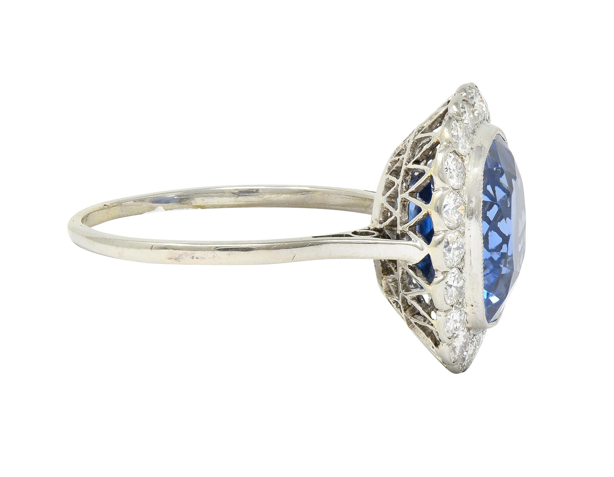 Art Deco 9.87 CTW No Heat Ceylon Sapphire Diamond Platinum Vintage Halo Ring