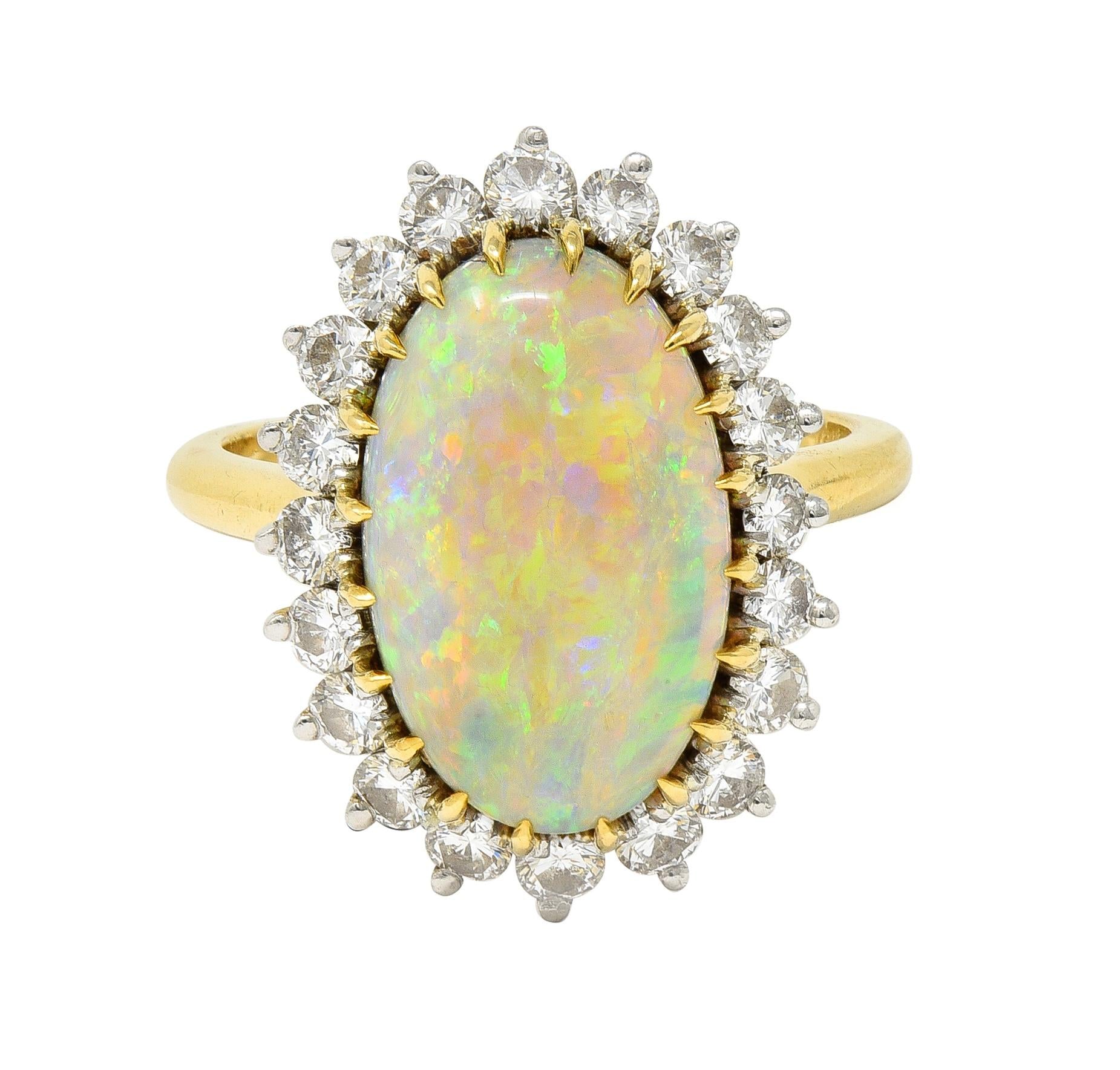 Mid-Century Vintage Opal Diamond Platinum 18 Karat Yellow Gold Halo Ring