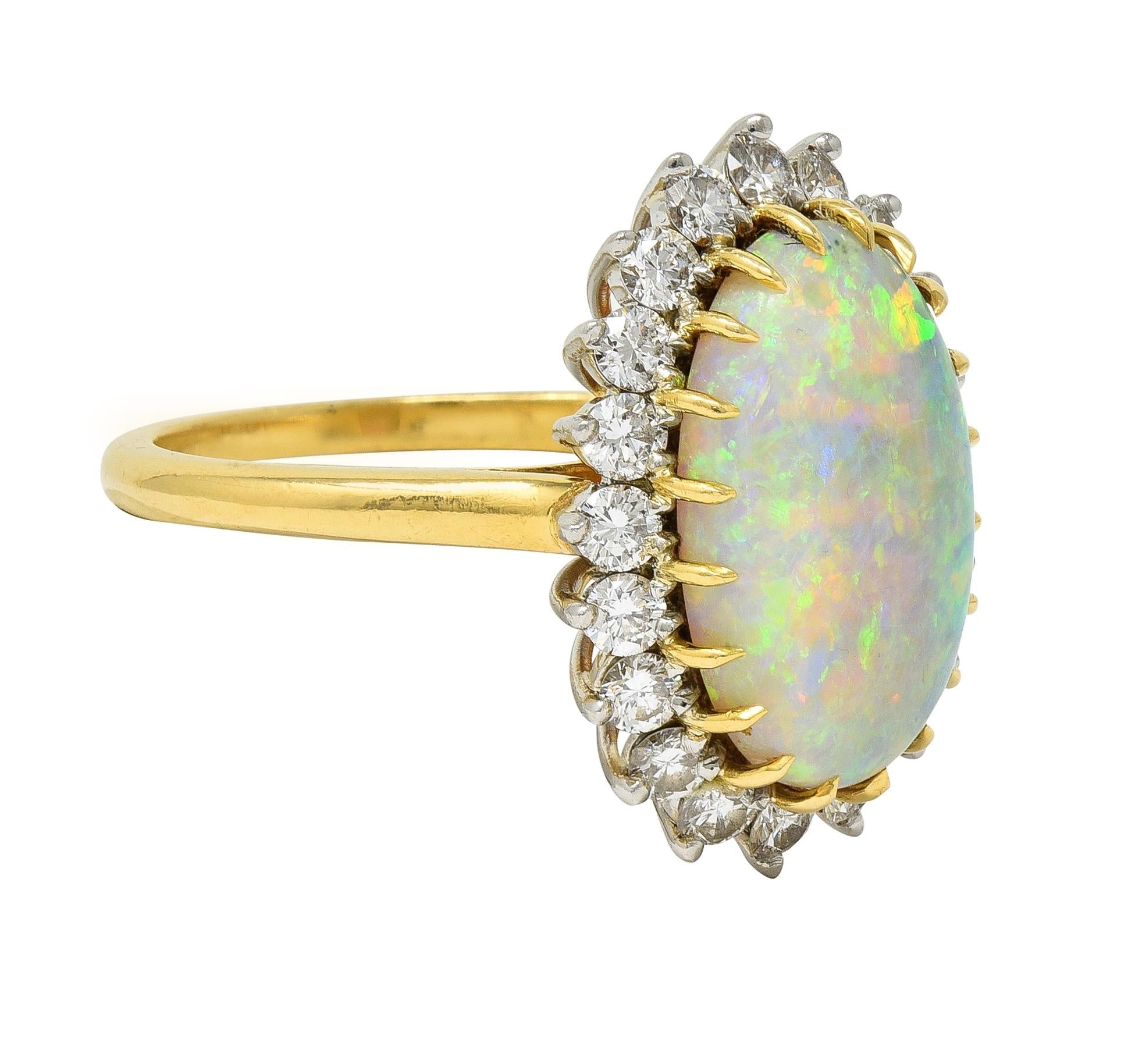 Mid-Century Vintage Opal Diamond Platinum 18 Karat Yellow Gold Halo Ring