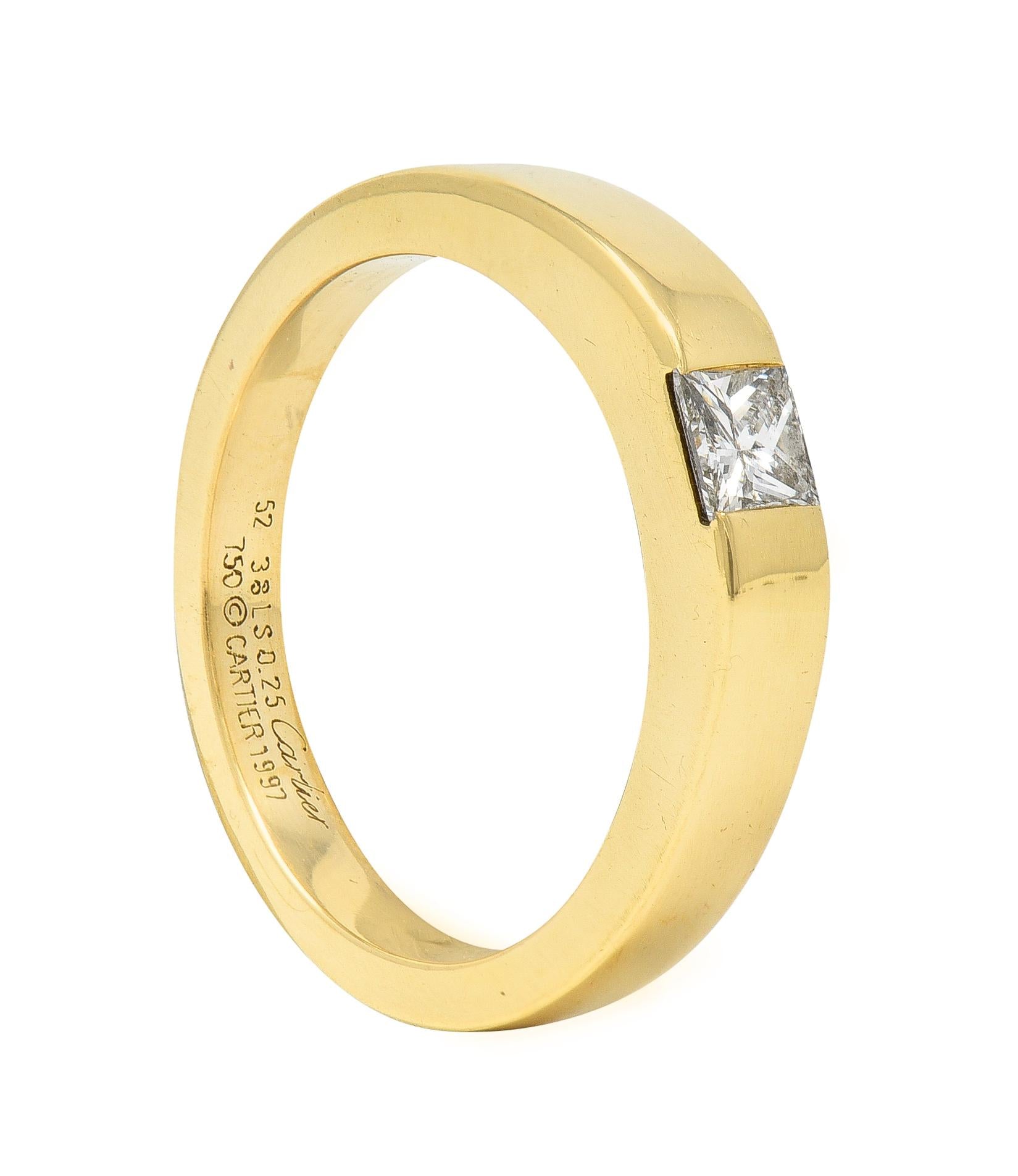 Cartier France 1997 0.25 Ct Princess Cut Diamond 18 Karat Gold Vintage Tank Ring