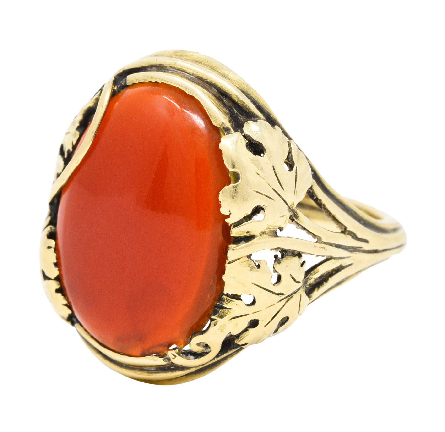 Arts & Crafts Carnelian Cabochon 18 Karat Gold Foliate RingRing - Wilson's Estate Jewelry