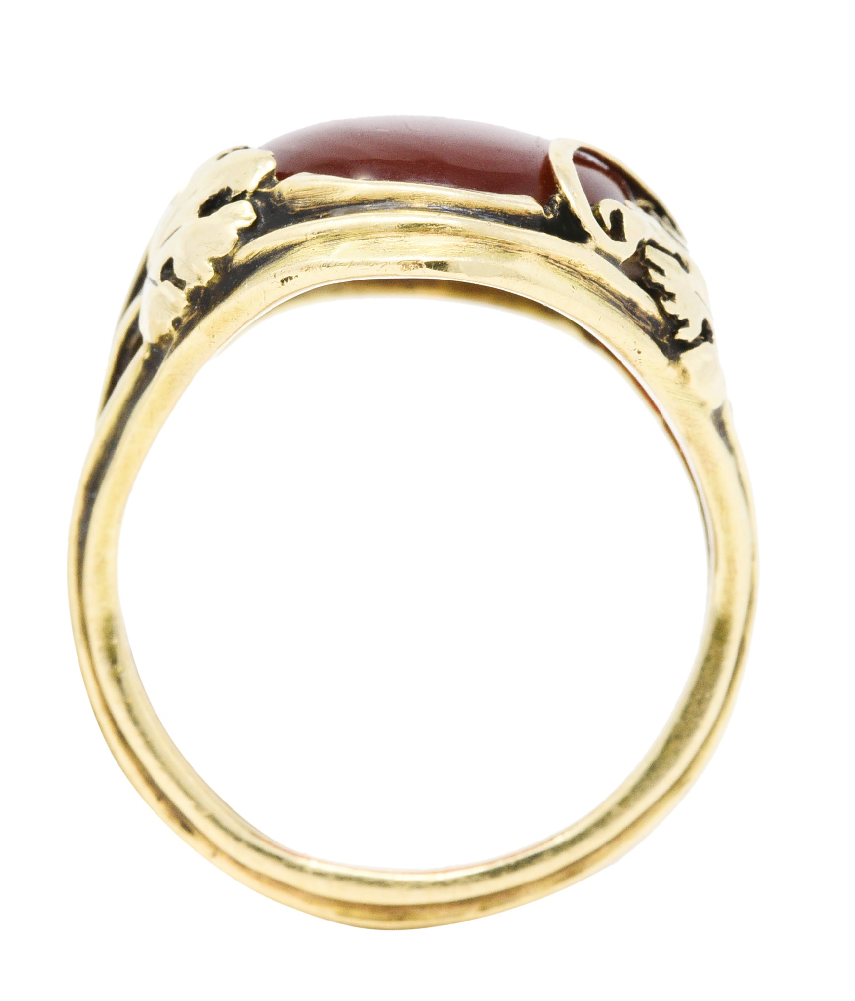 Arts & Crafts Carnelian Cabochon 18 Karat Gold Foliate RingRing - Wilson's Estate Jewelry