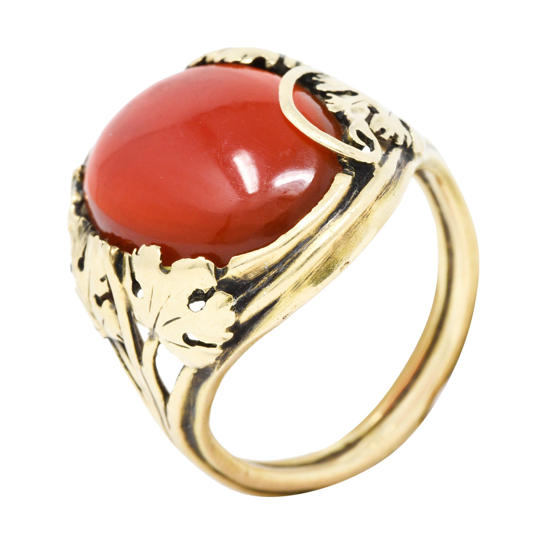 Arts & Crafts Carnelian Cabochon 18 Karat Gold Foliate RingRing - Wilson's Estate Jewelry