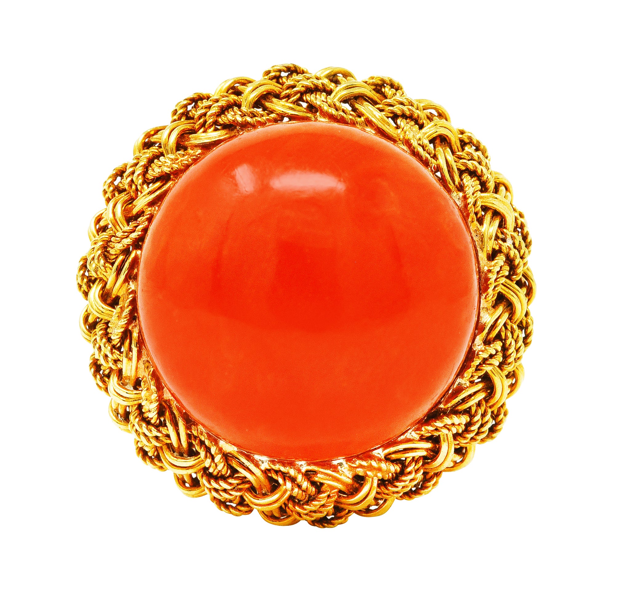 1960's Coral 18 Karat Yellow Gold Woven Nest Vintage Ring Wilson's Estate Jewelry