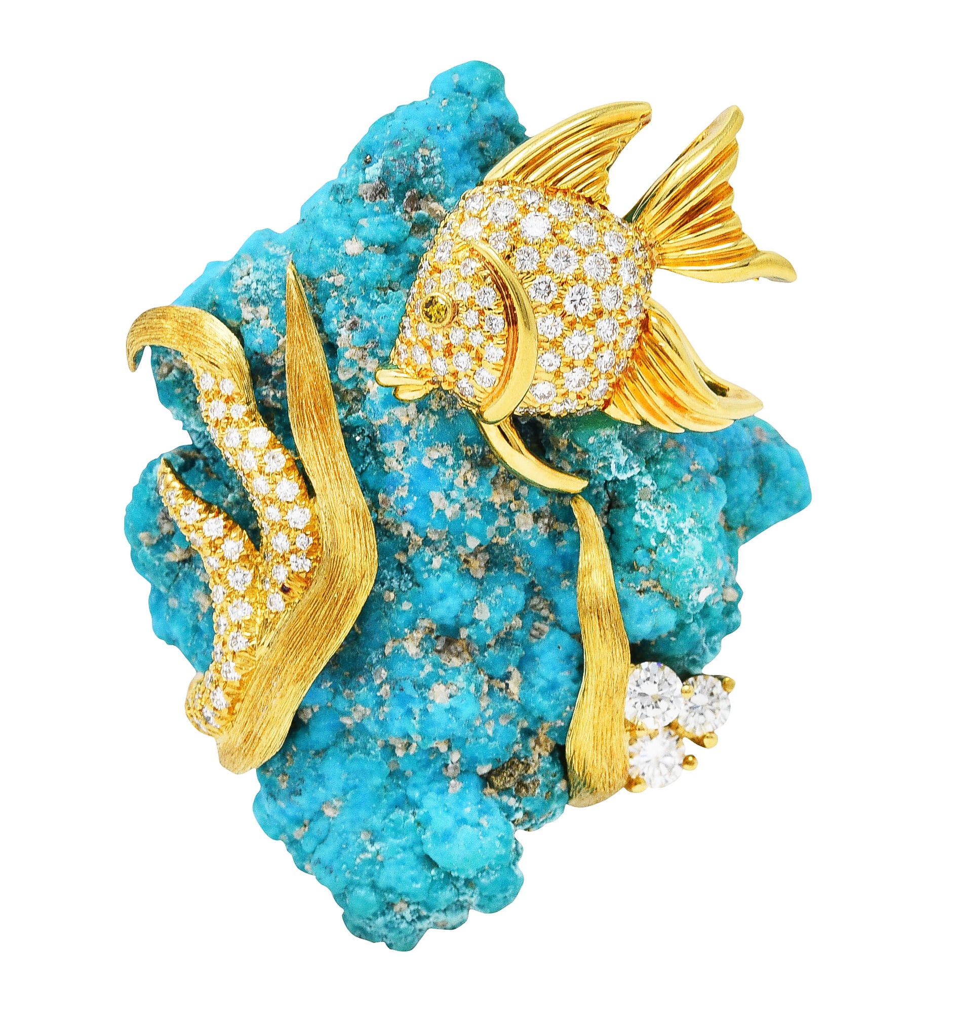 1970's Henry Dunay Turquoise 2.00 CTW Diamond & Fancy Yellow Diamond 18 Karat Yellow Gold Fish Brooch Wilson's Estate Jewelry