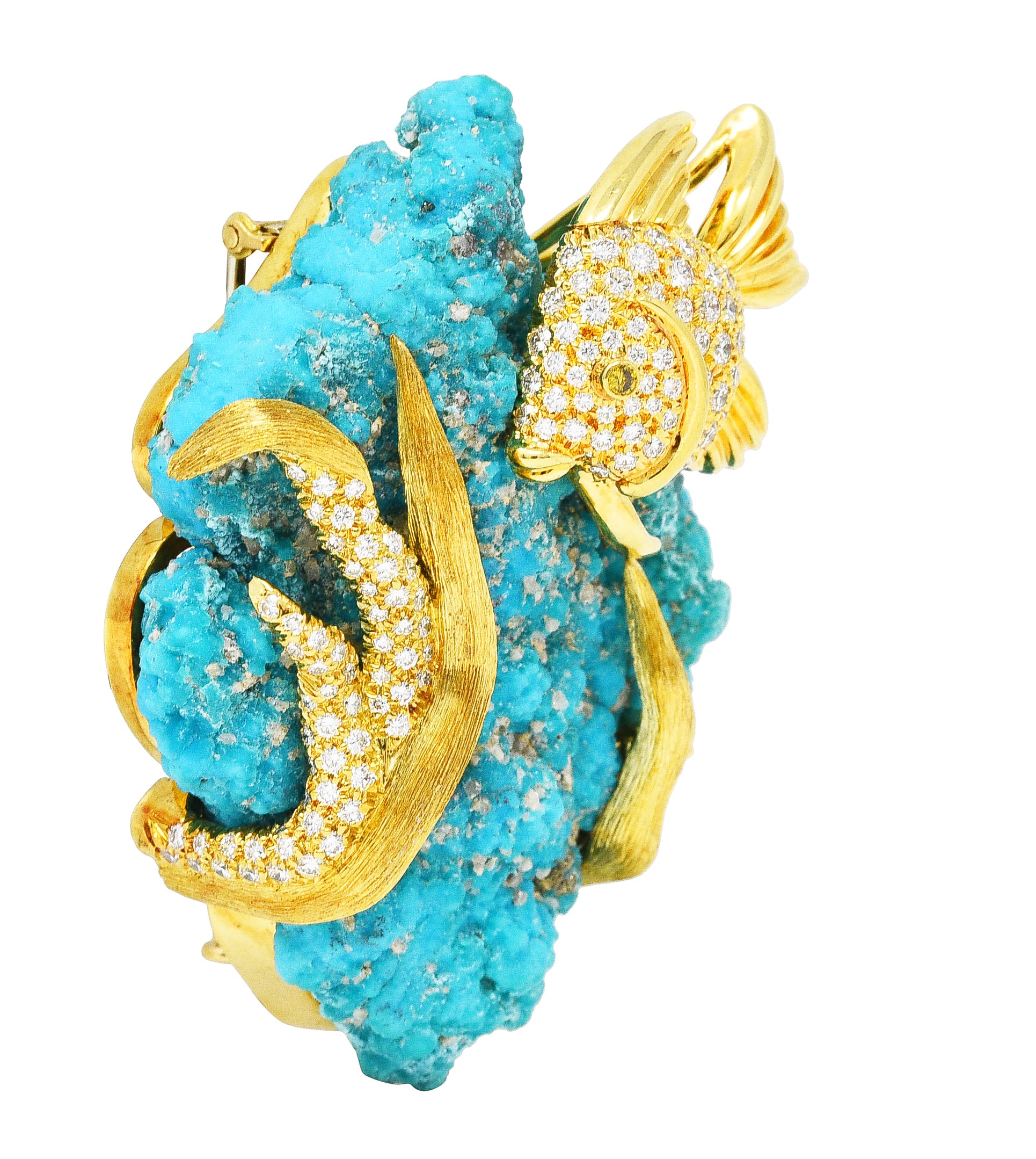 1970's Henry Dunay Turquoise 2.00 CTW Diamond & Fancy Yellow Diamond 18 Karat Yellow Gold Fish Brooch Wilson's Estate Jewelry