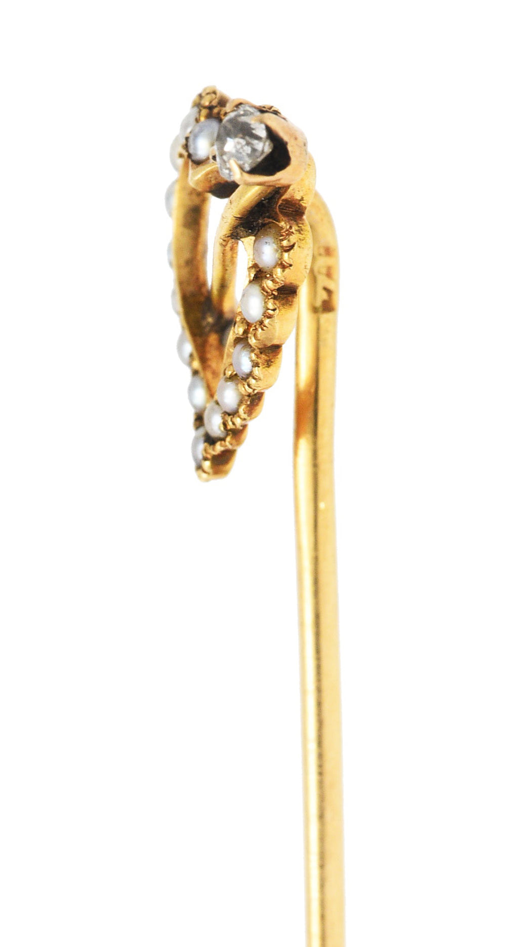 Victorian Seed Pearl Diamond 14 Karat Yellow Gold Heart StickpinStick Pin - Wilson's Estate Jewelry