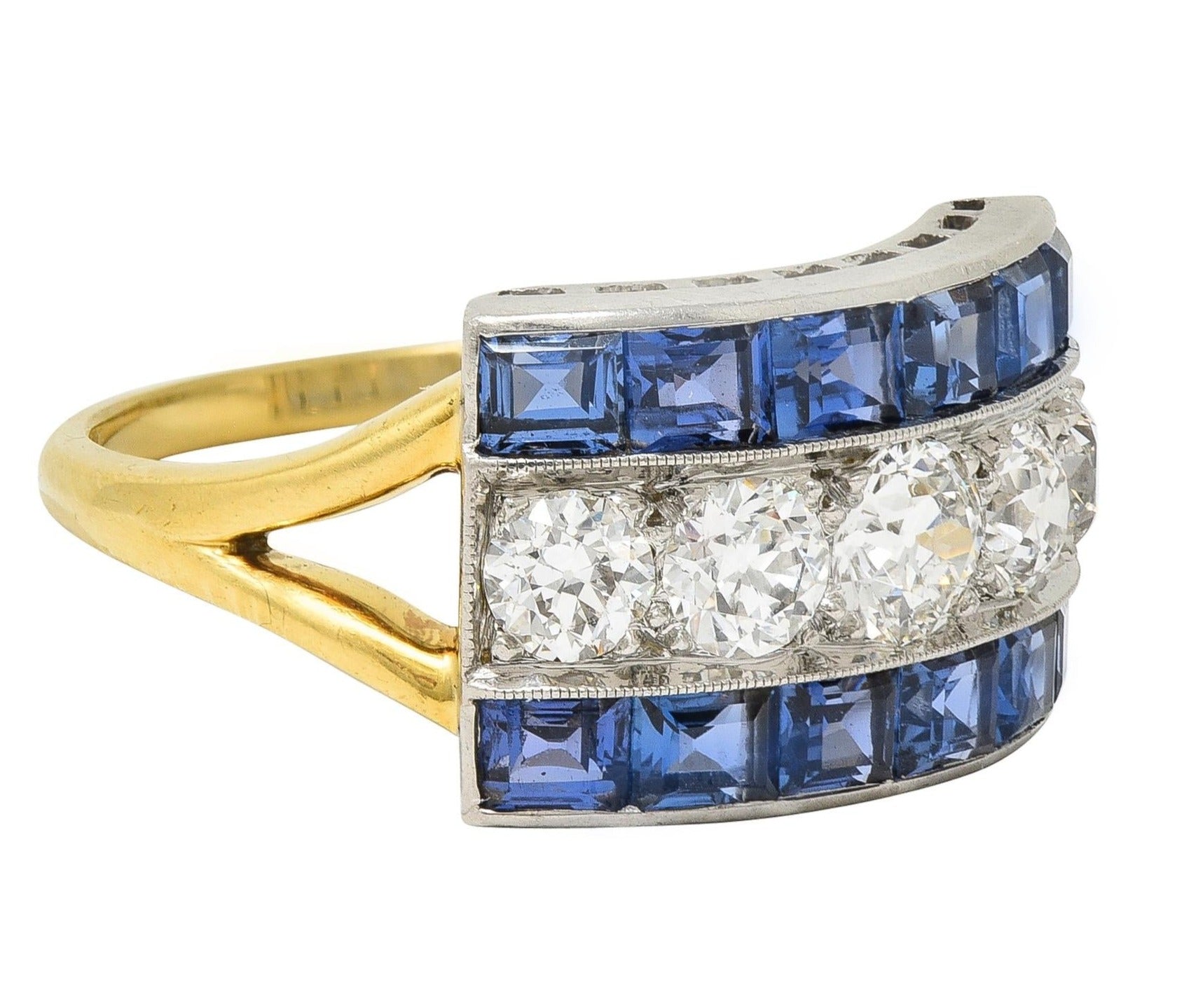 Art Deco 2.80 CTW Diamond Sapphire Platinum 18 Karat Gold Vintage Band Ring